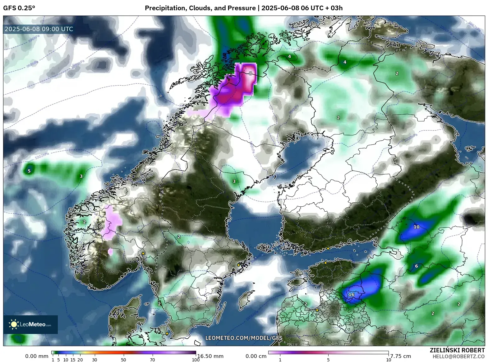 GFS model - Scandinavia, Precipitation, Clouds, and Pressure GFS model - Scandinavia, Precipitation, Clouds, and Pressure