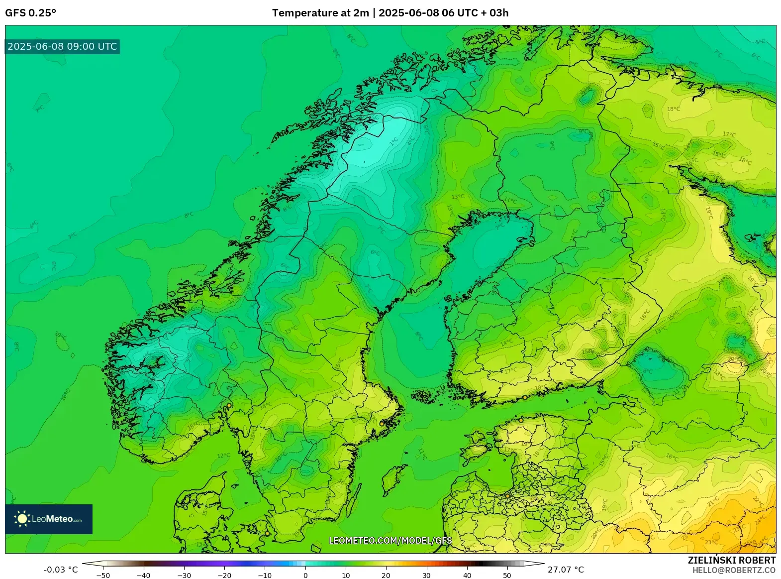 GFS model - Scandinavia, Temperature at 2m