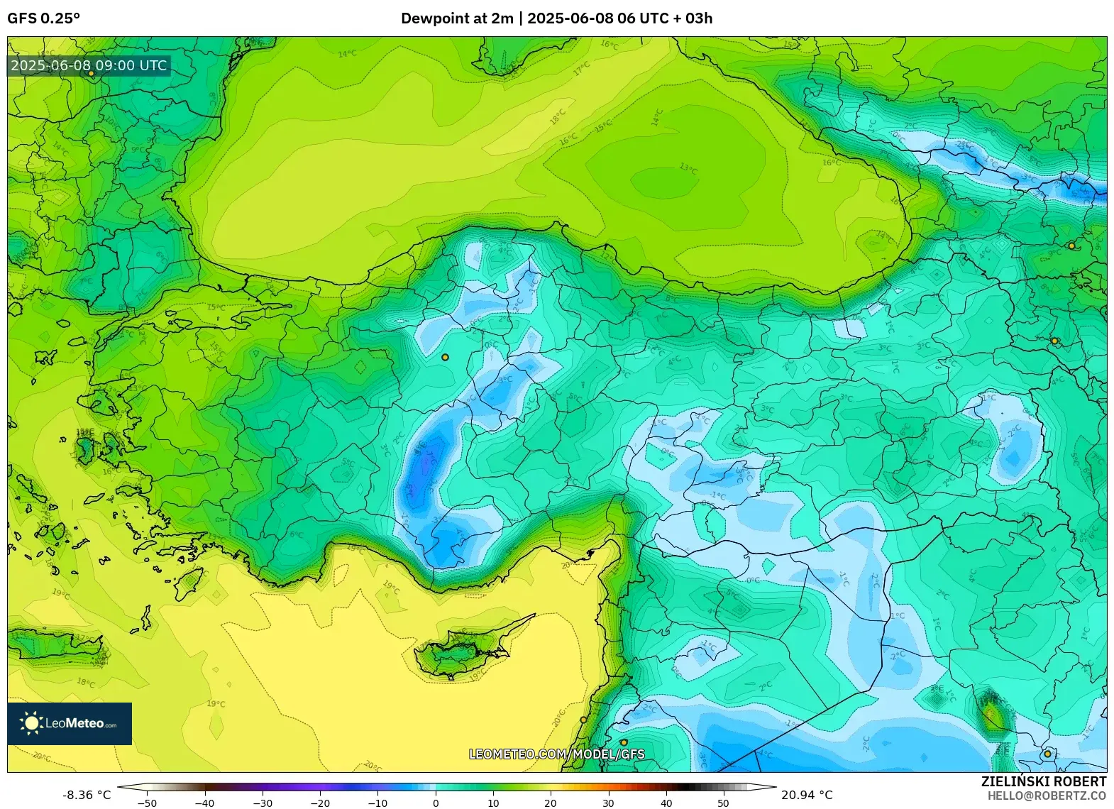 GFS model - Turkey, Dewpoint at 2m GFS model - Turkey, Dewpoint at 2m