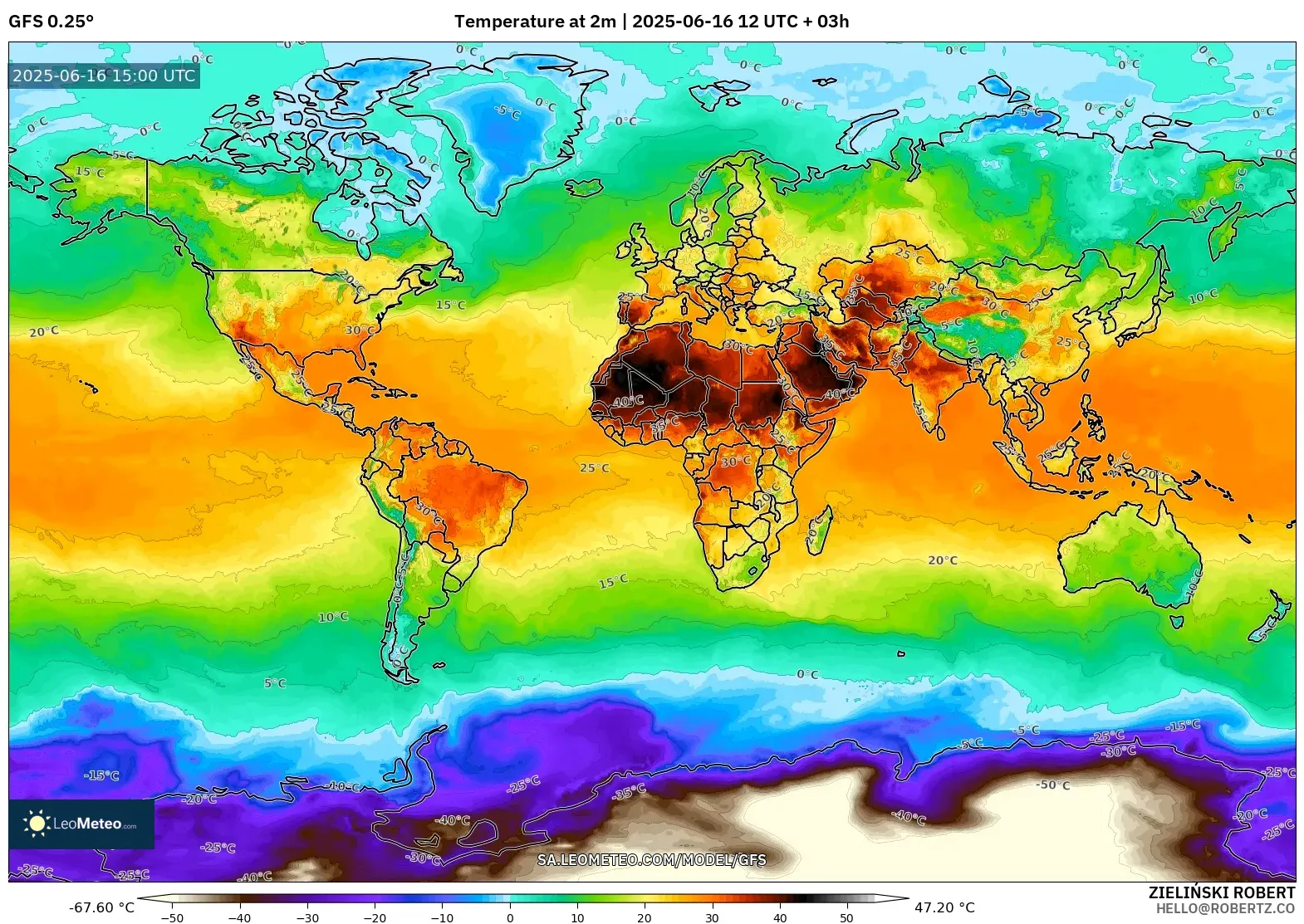 GFS model - World, Temperature at 2m GFS model - World, Temperature at 2m