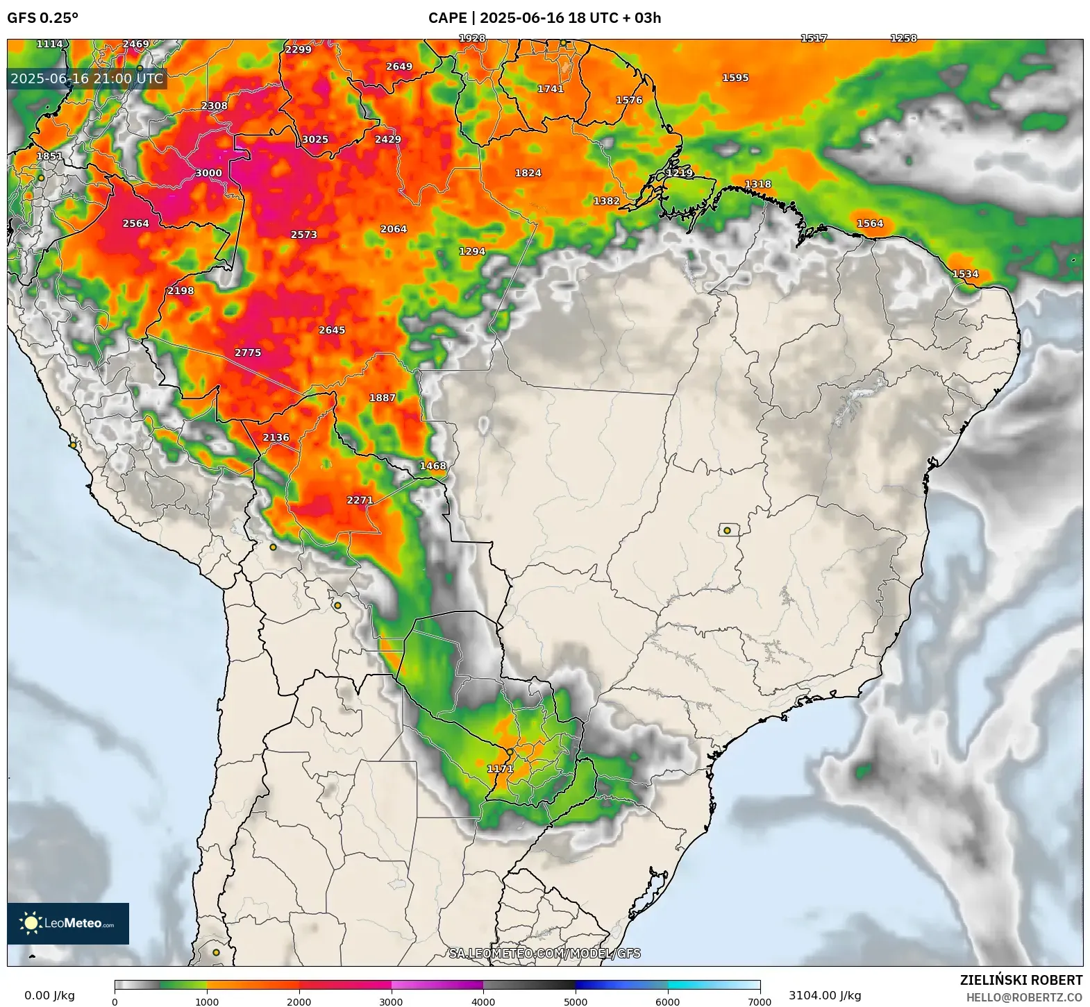 GFS model - Brazil, CAPE GFS model - Brazil, CAPE