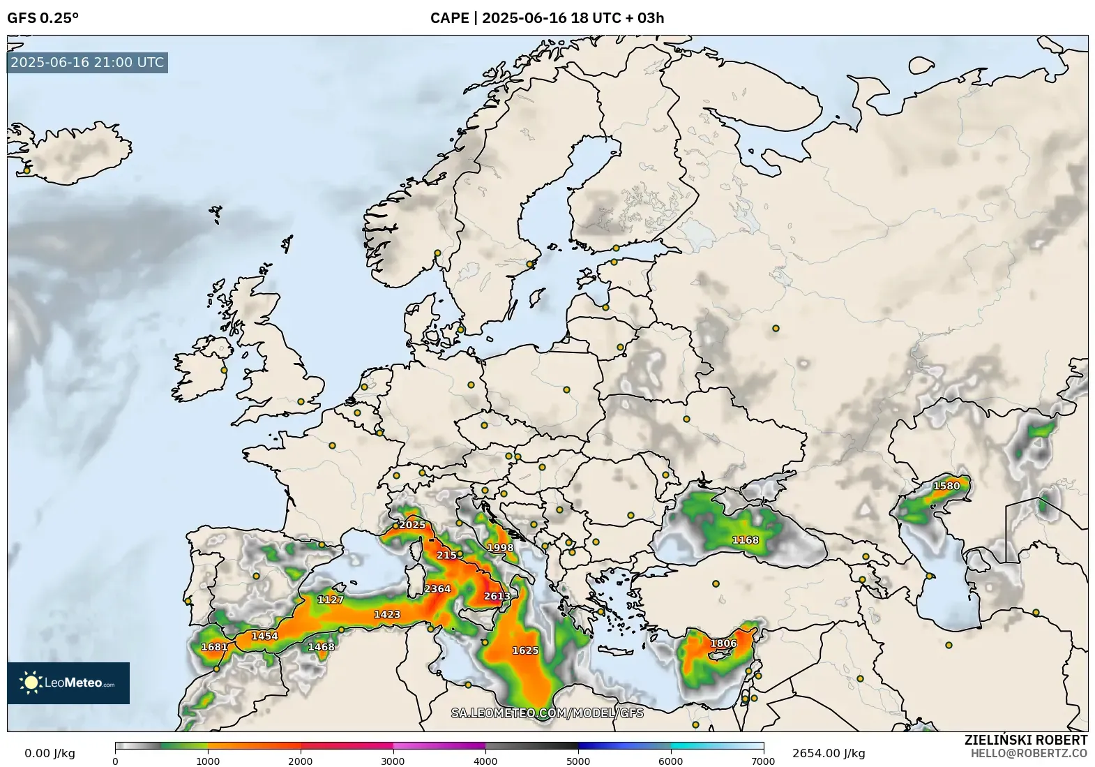 GFS model - Eropah, CAPE GFS model - Eropah, CAPE