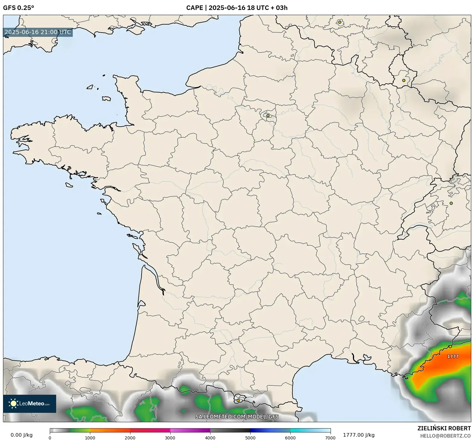 GFS model - Perancis, CAPE GFS model - Perancis, CAPE