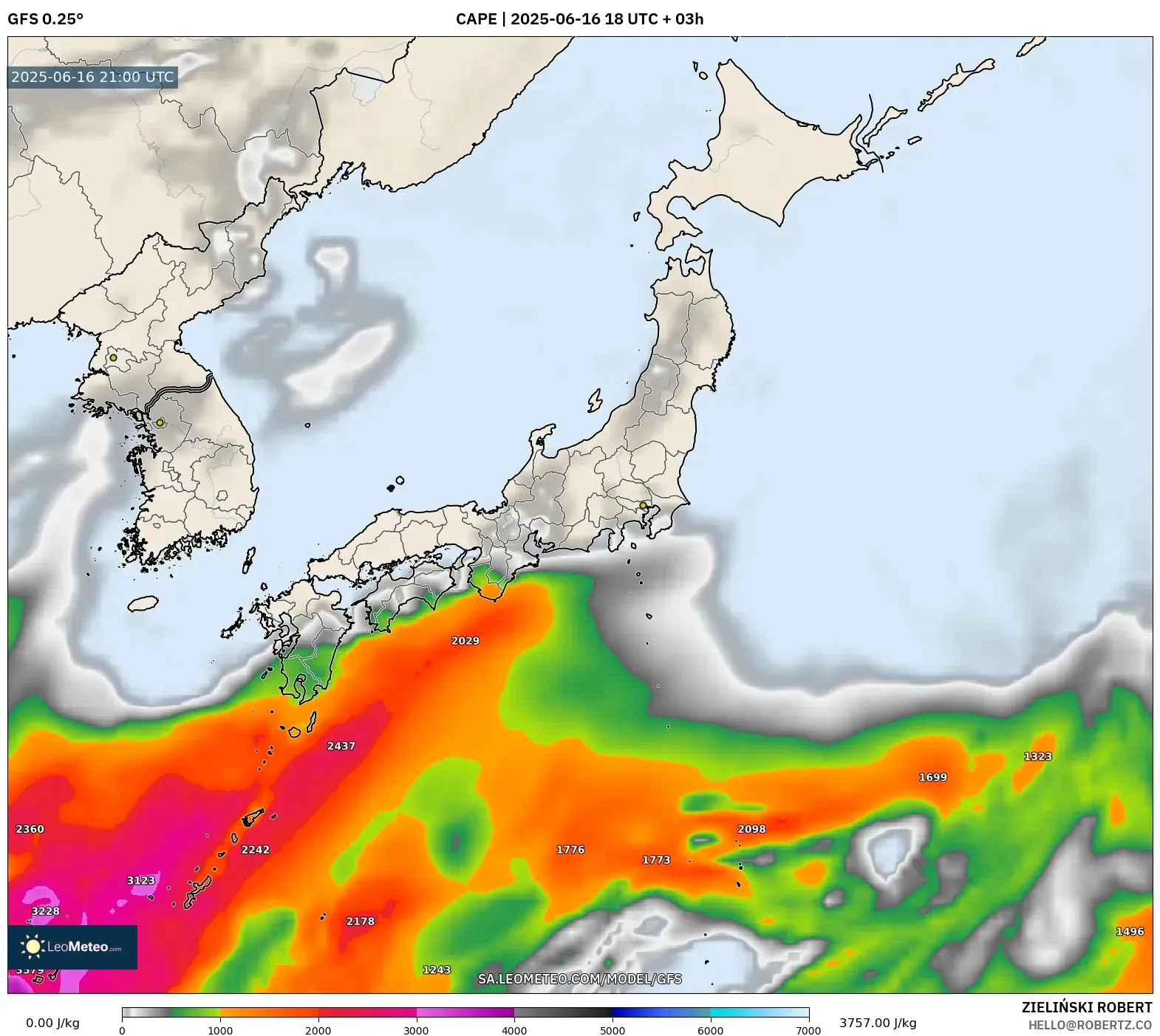 GFS model - Jepun, CAPE GFS model - Jepun, CAPE