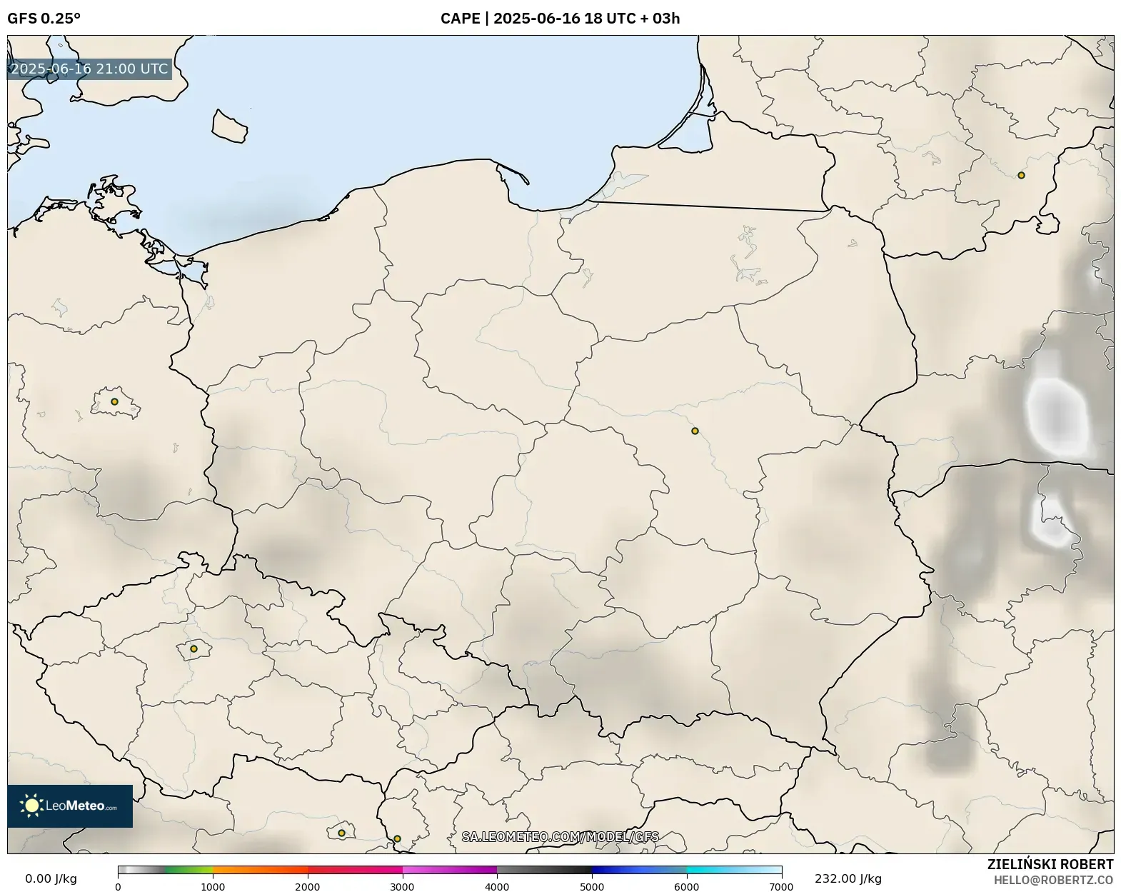 GFS model - Poland, CAPE GFS model - Poland, CAPE