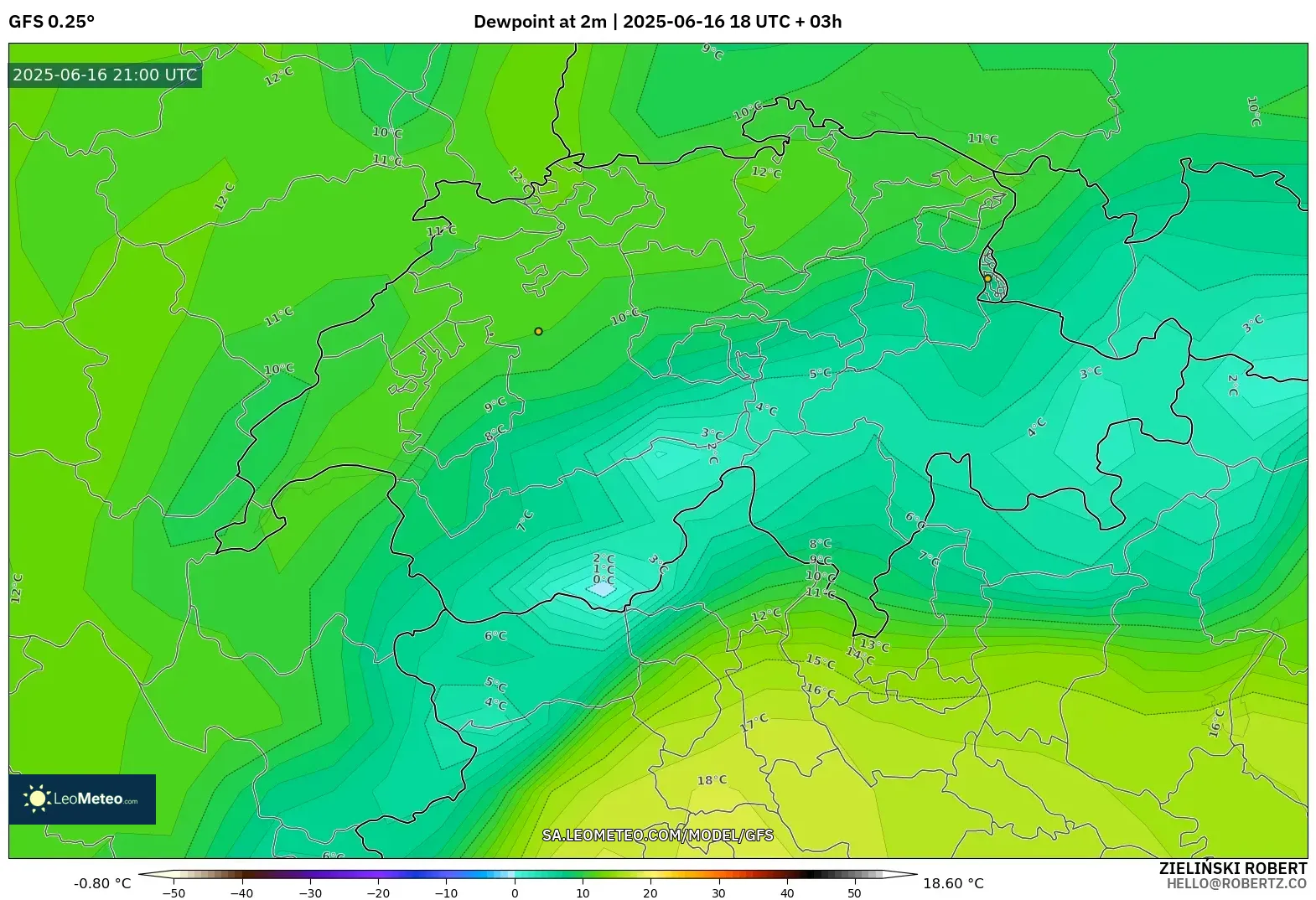 GFS model - Switzerland, Takat Embun 2 m GFS model - Switzerland, Takat Embun 2 m