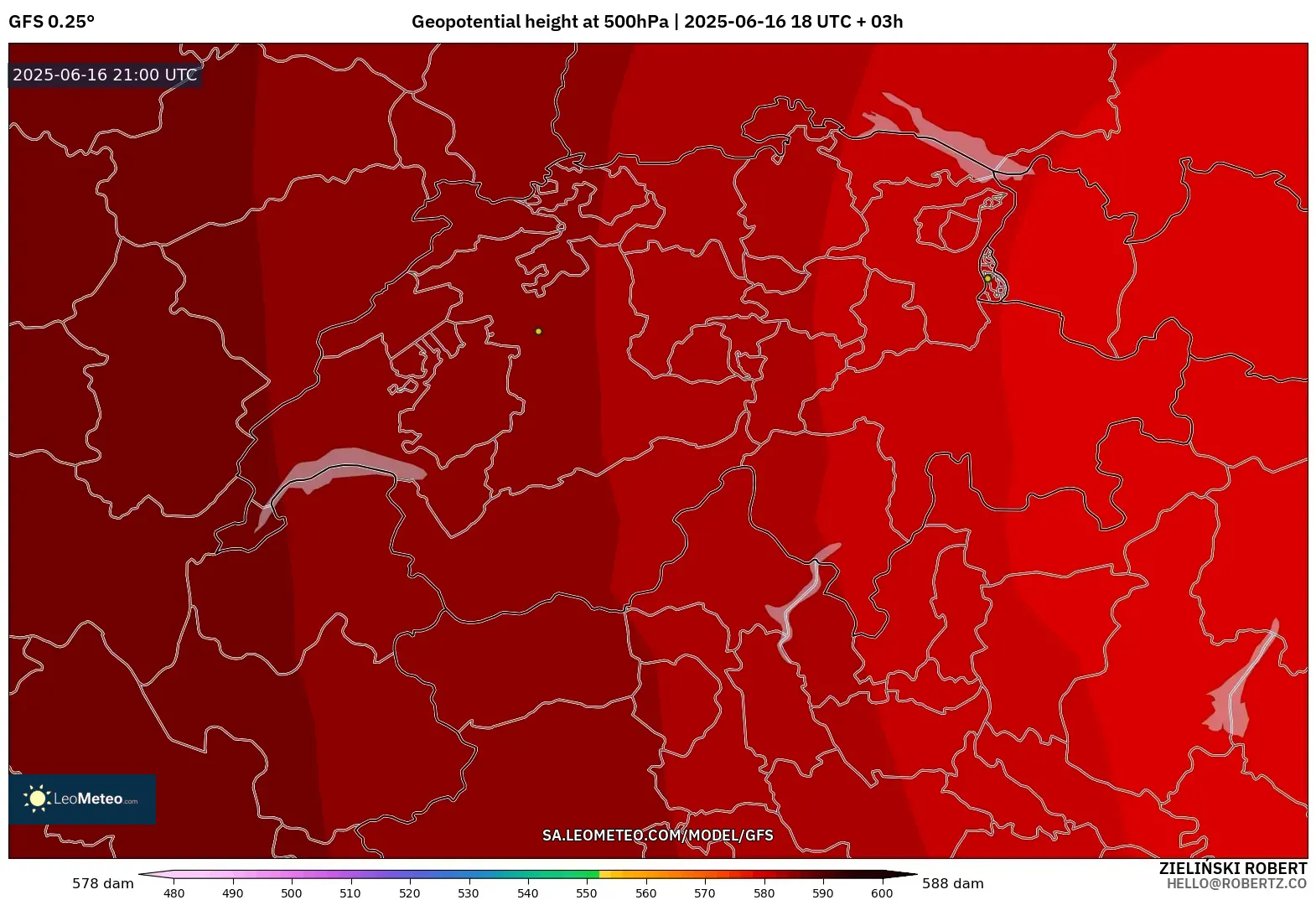 GFS model - Switzerland, Ketinggian geopotensial pada 500 hPa GFS model - Switzerland, Ketinggian geopotensial pada 500 hPa