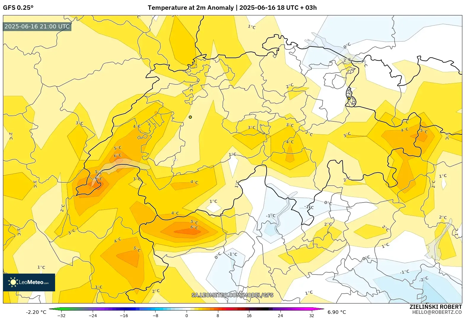 GFS model - Switzerland, Anomali Suhu 2 m GFS model - Switzerland, Anomali Suhu 2 m