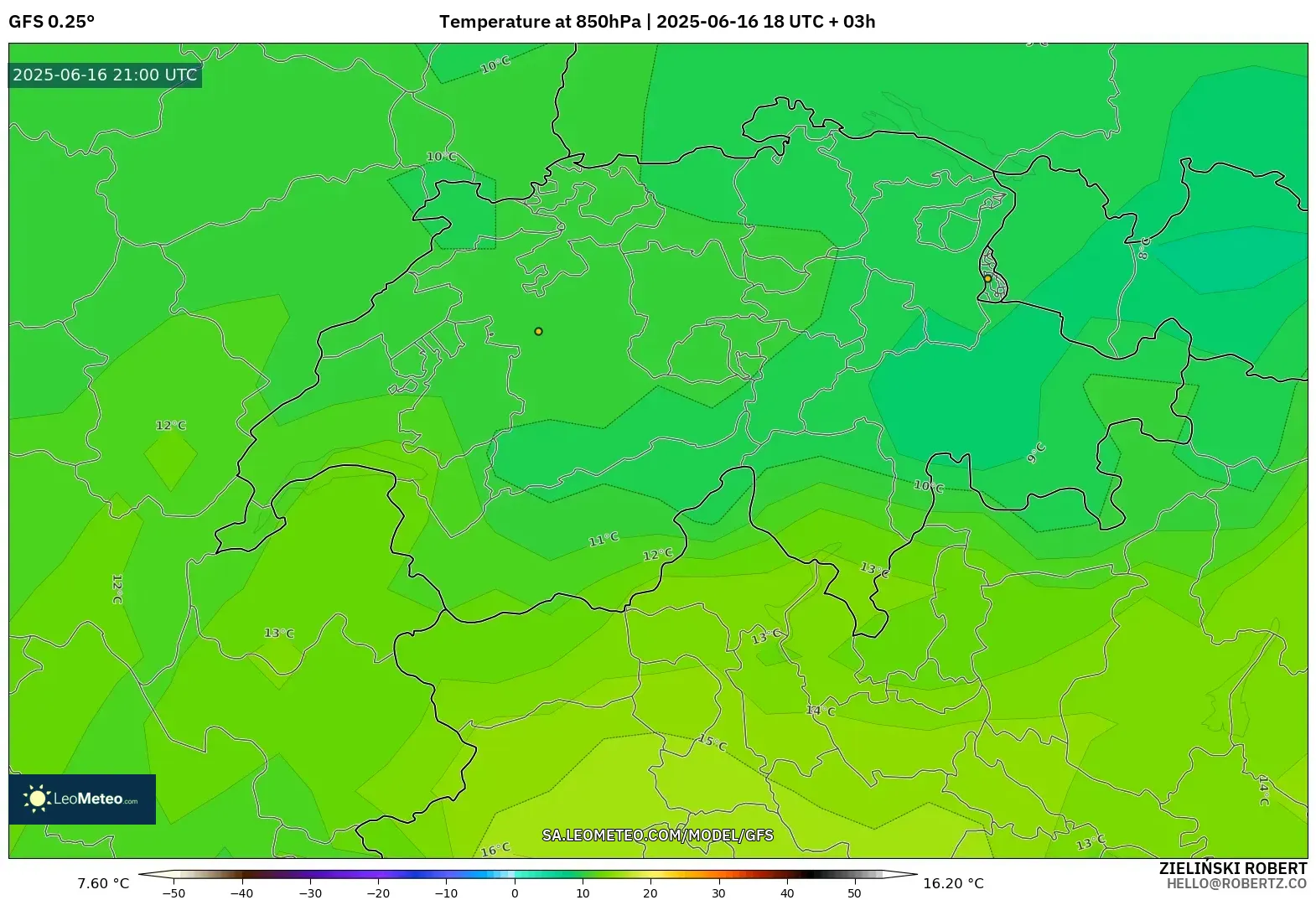 GFS model - Switzerland, Suhu 850 hPa GFS model - Switzerland, Suhu 850 hPa