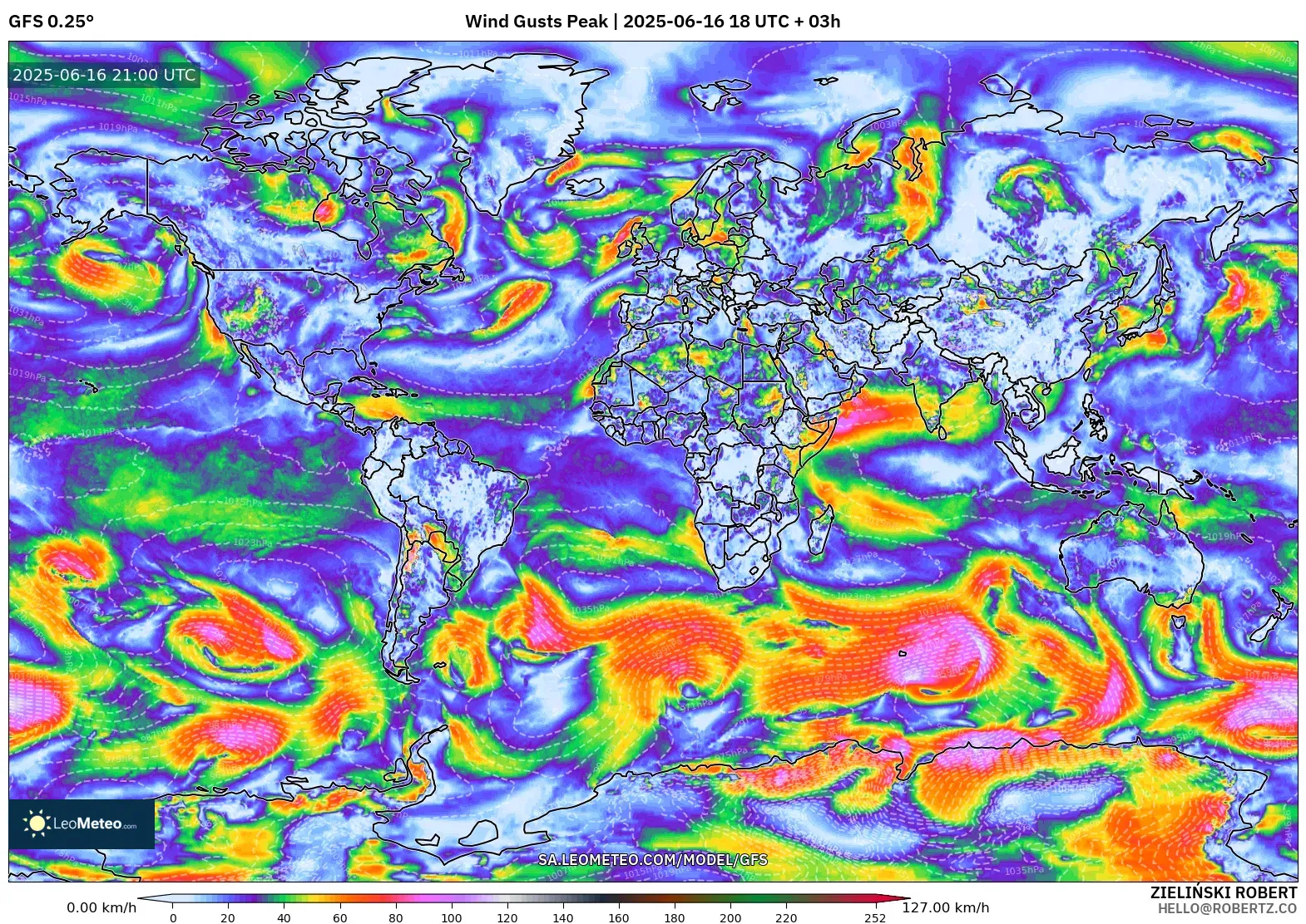 GFS model - World, Wind Gusts Peak GFS model - World, Wind Gusts Peak