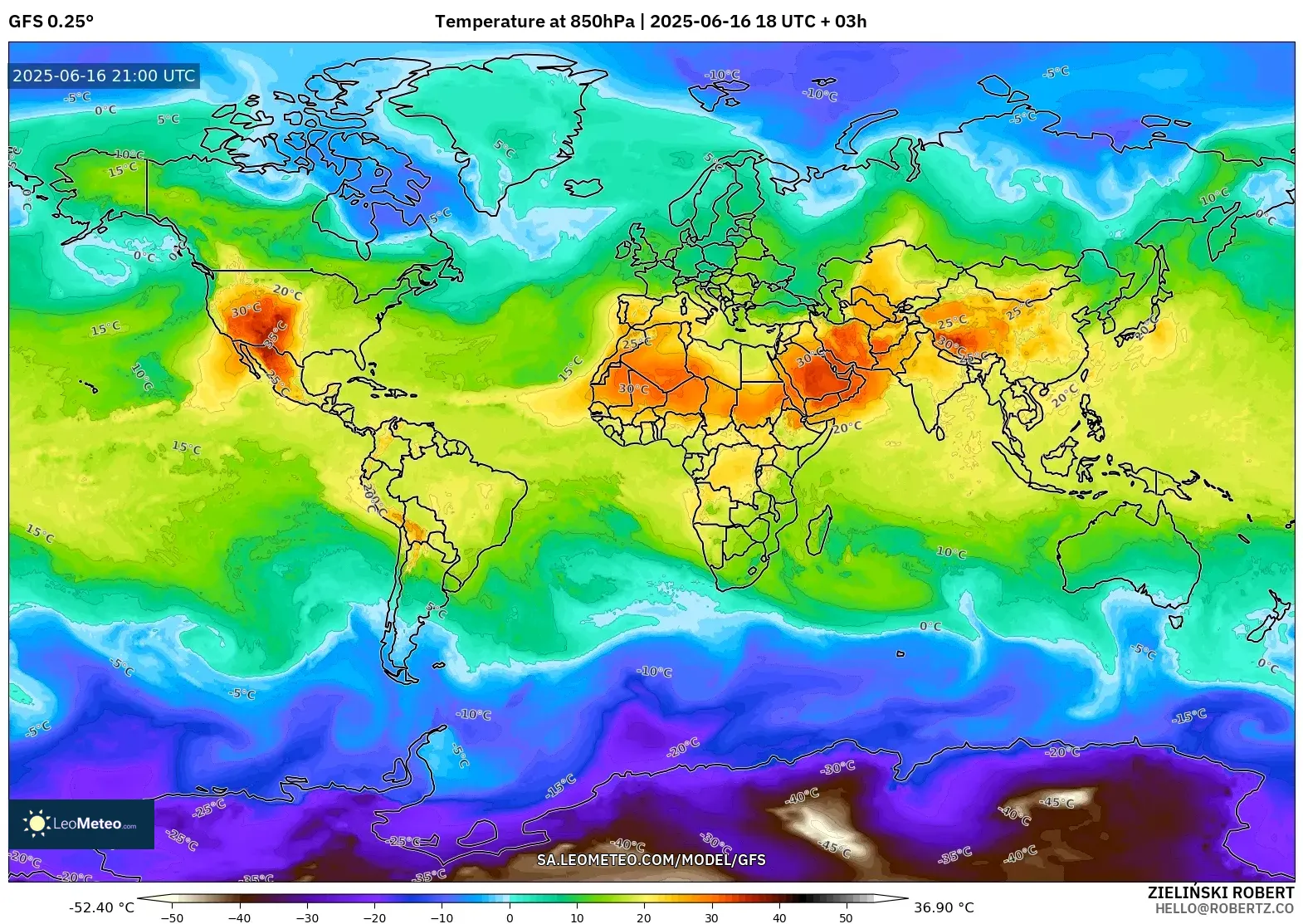 GFS model - World, Temperature at 850hPa GFS model - World, Temperature at 850hPa