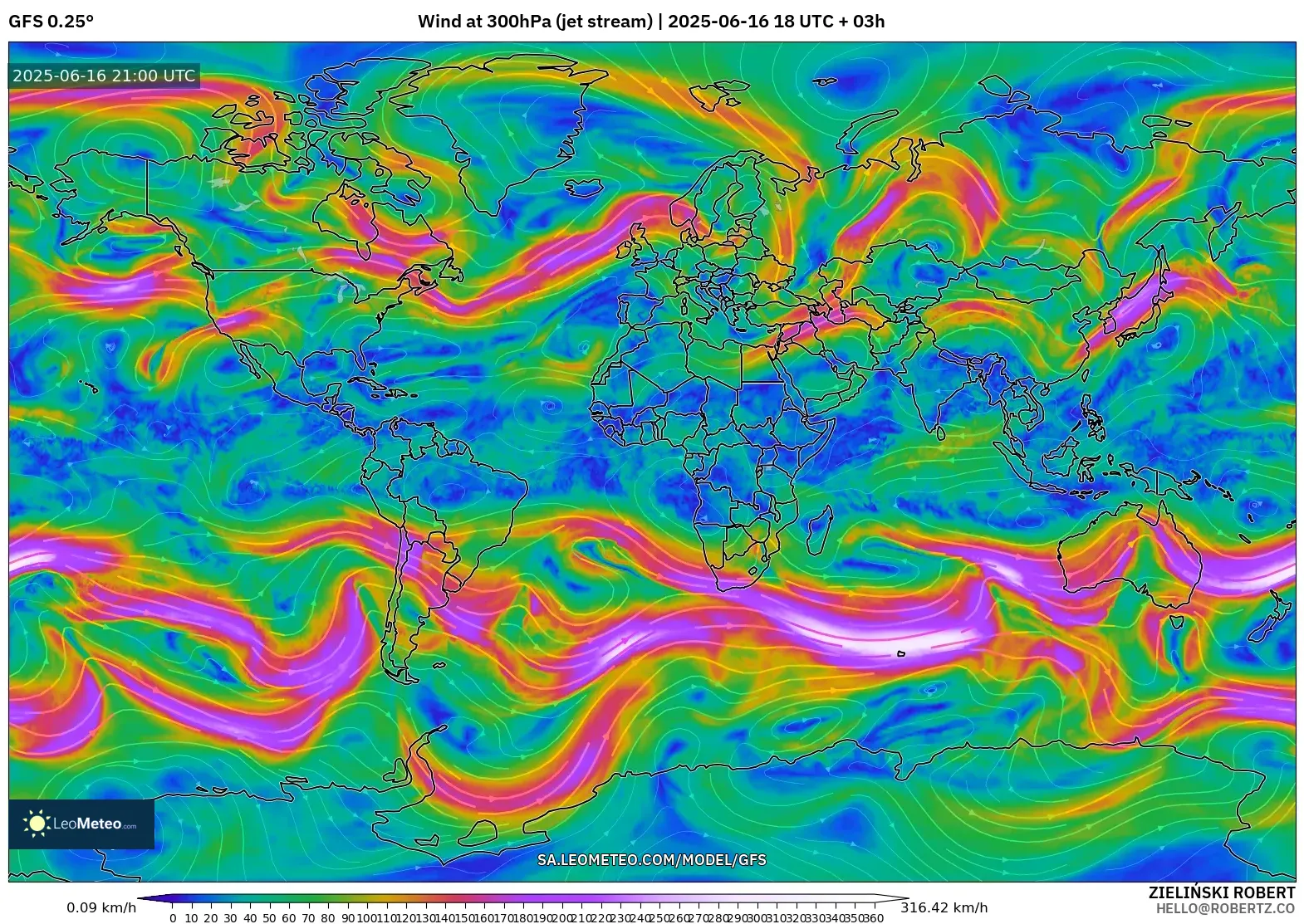 GFS model - World, Wind at 300hPa (jet stream) GFS model - World, Wind at 300hPa (jet stream)