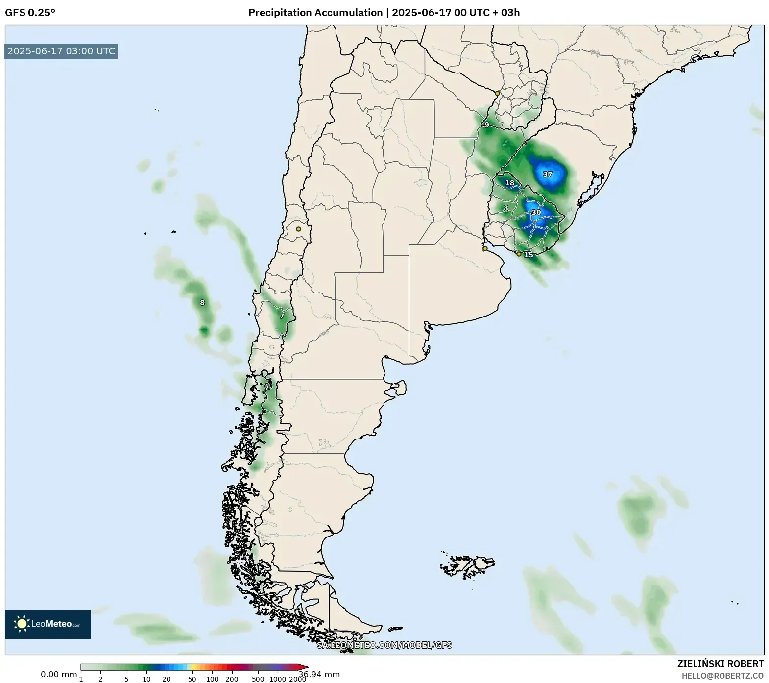 GFS model - Argentina, Pengumpulan Hujan GFS model - Argentina, Pengumpulan Hujan