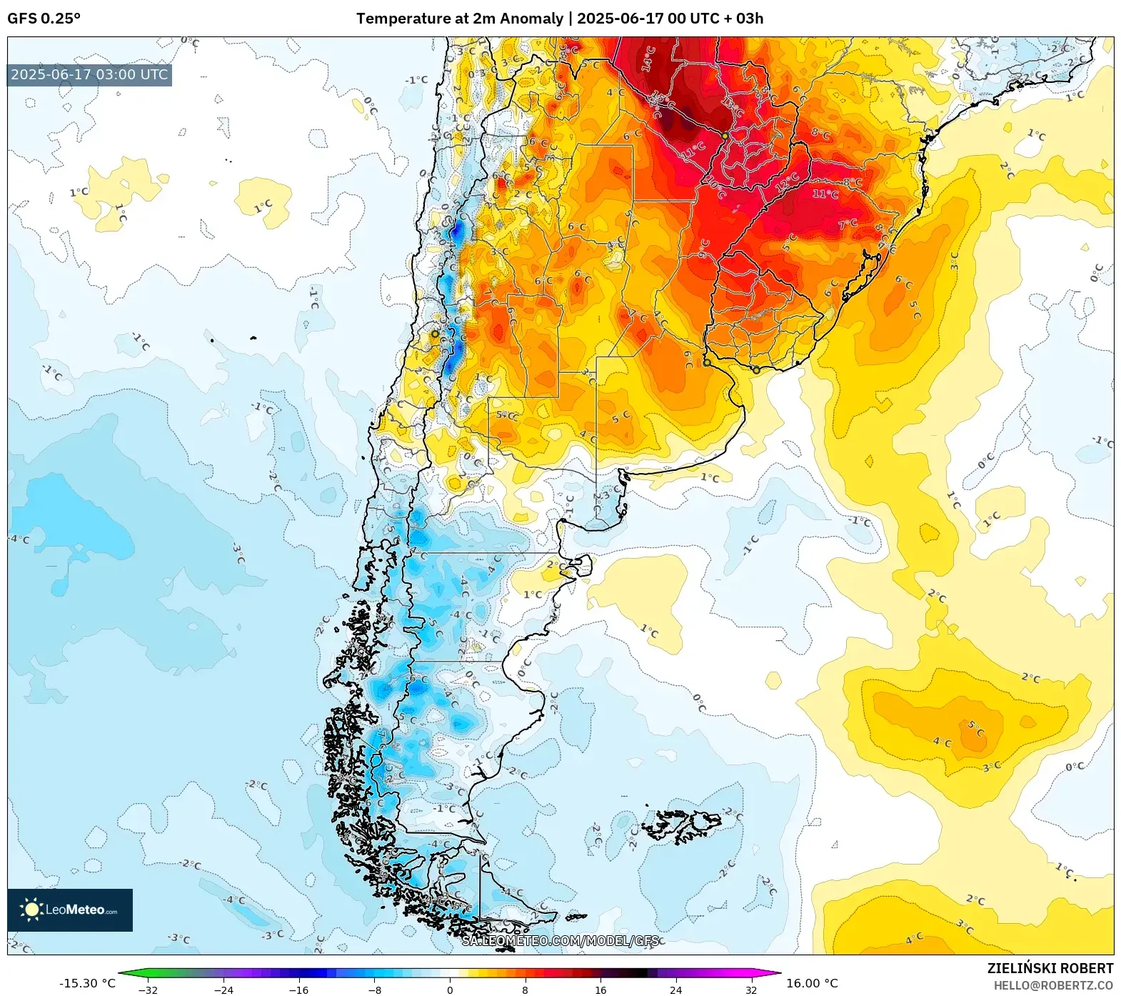 GFS model - Argentina, Anomali Suhu 2 m GFS model - Argentina, Anomali Suhu 2 m
