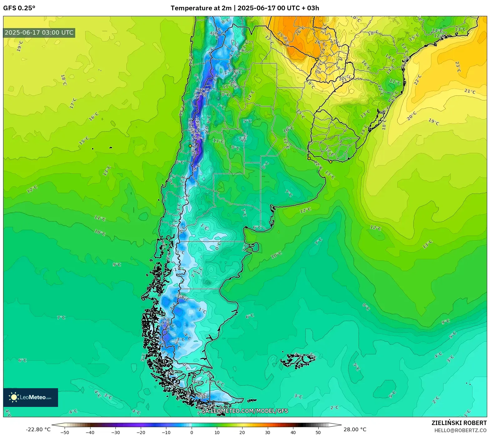 GFS model - Argentina, Suhu pada 2 m GFS model - Argentina, Suhu pada 2 m
