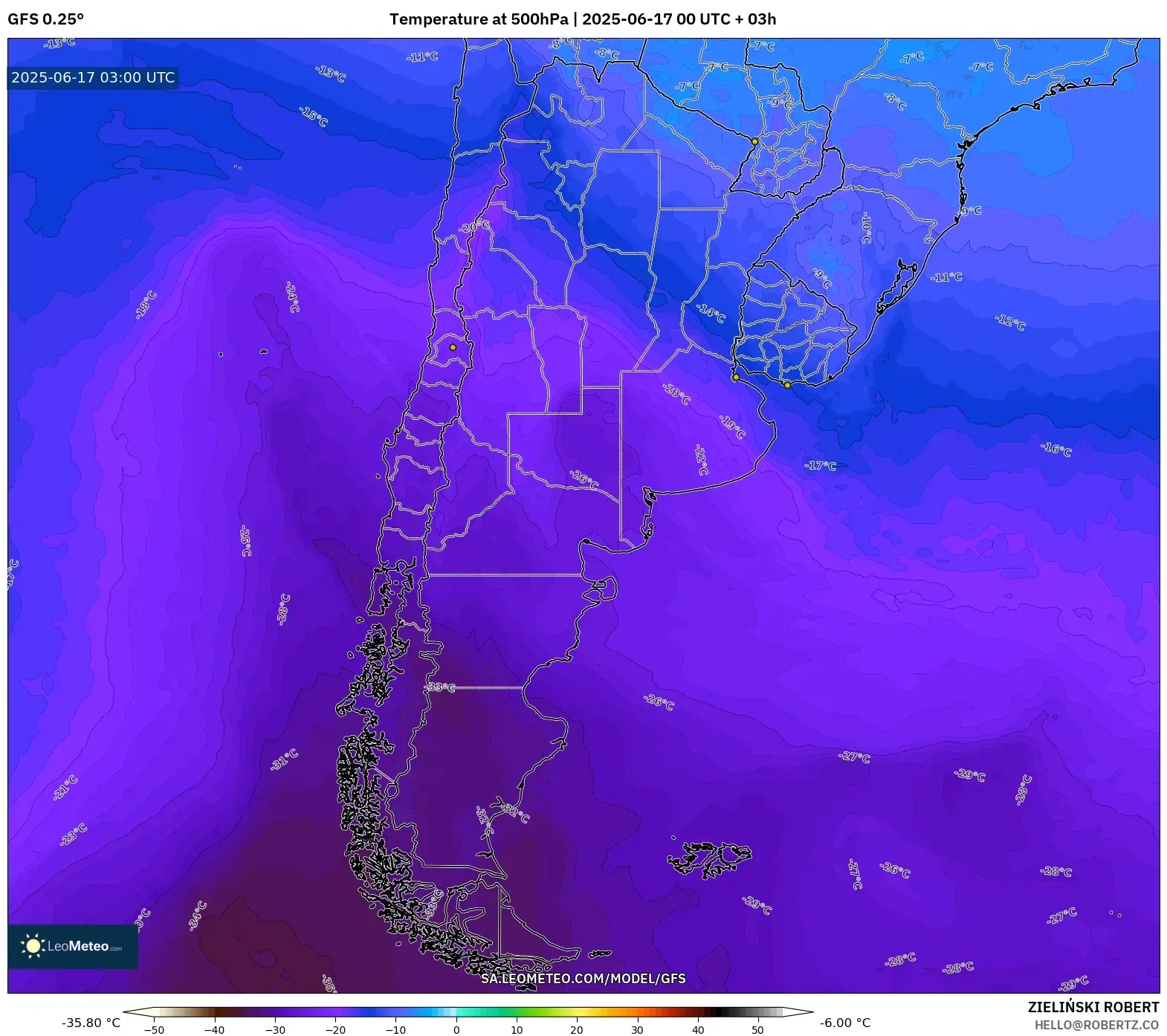 GFS model - Argentina, Suhu 500 hPa GFS model - Argentina, Suhu 500 hPa