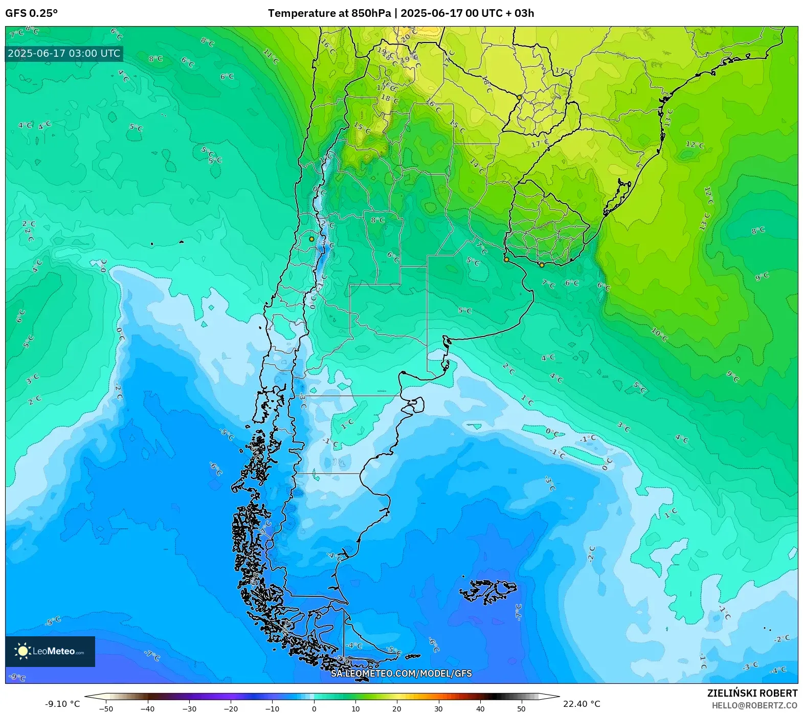 GFS model - Argentina, Suhu 850 hPa GFS model - Argentina, Suhu 850 hPa