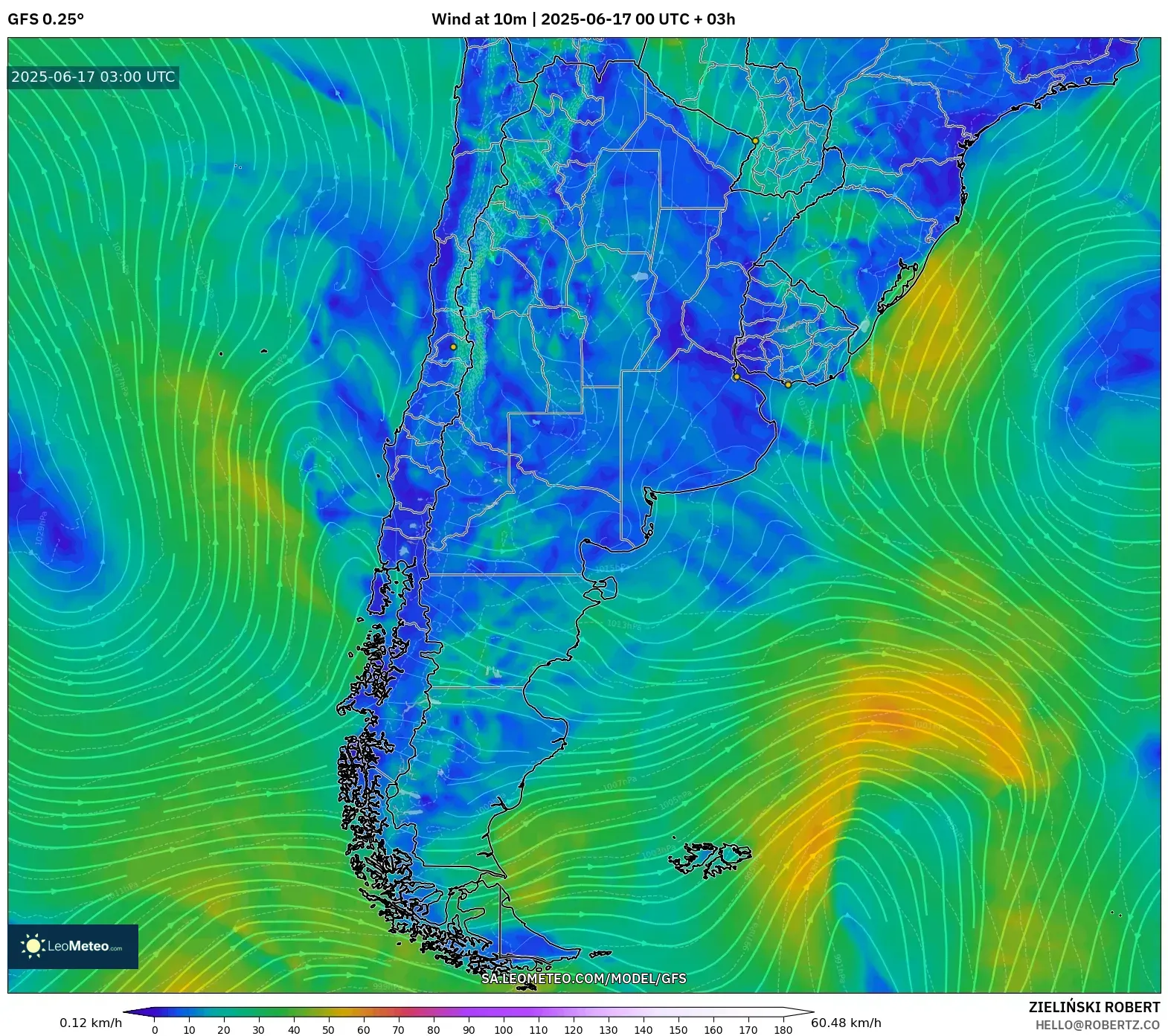 GFS model - Argentina, Angin 10 m GFS model - Argentina, Angin 10 m