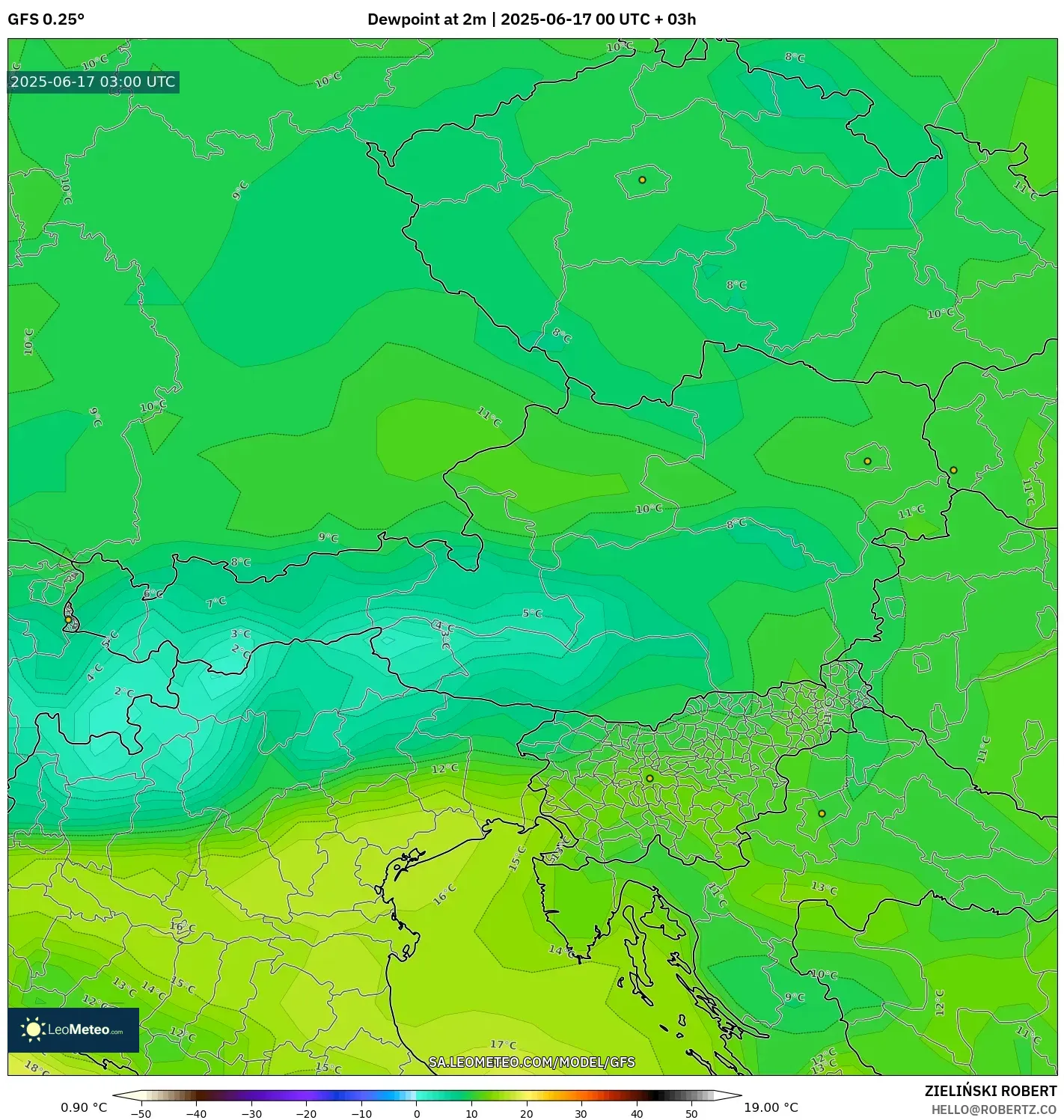 GFS model - Austria, Takat Embun 2 m GFS model - Austria, Takat Embun 2 m