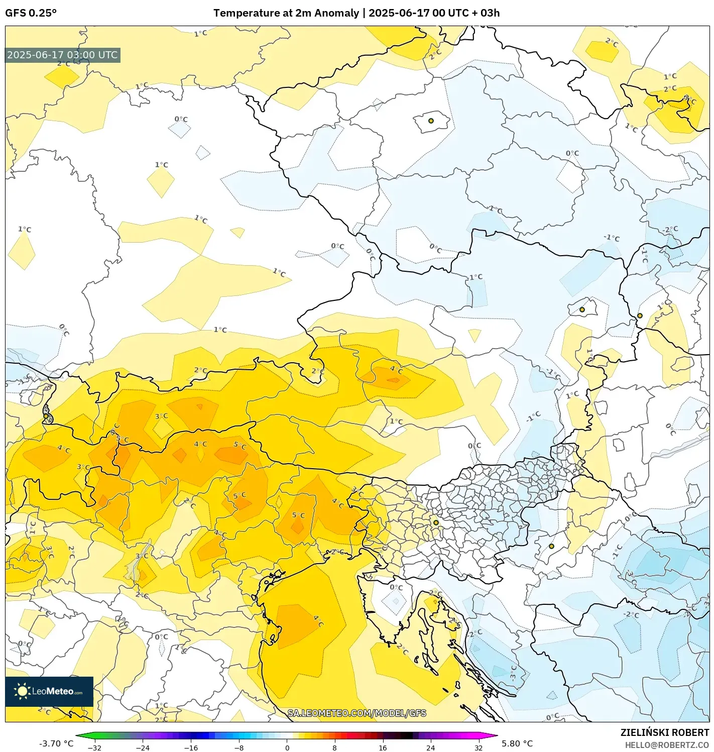 GFS model - Austria, Anomali Suhu 2 m GFS model - Austria, Anomali Suhu 2 m