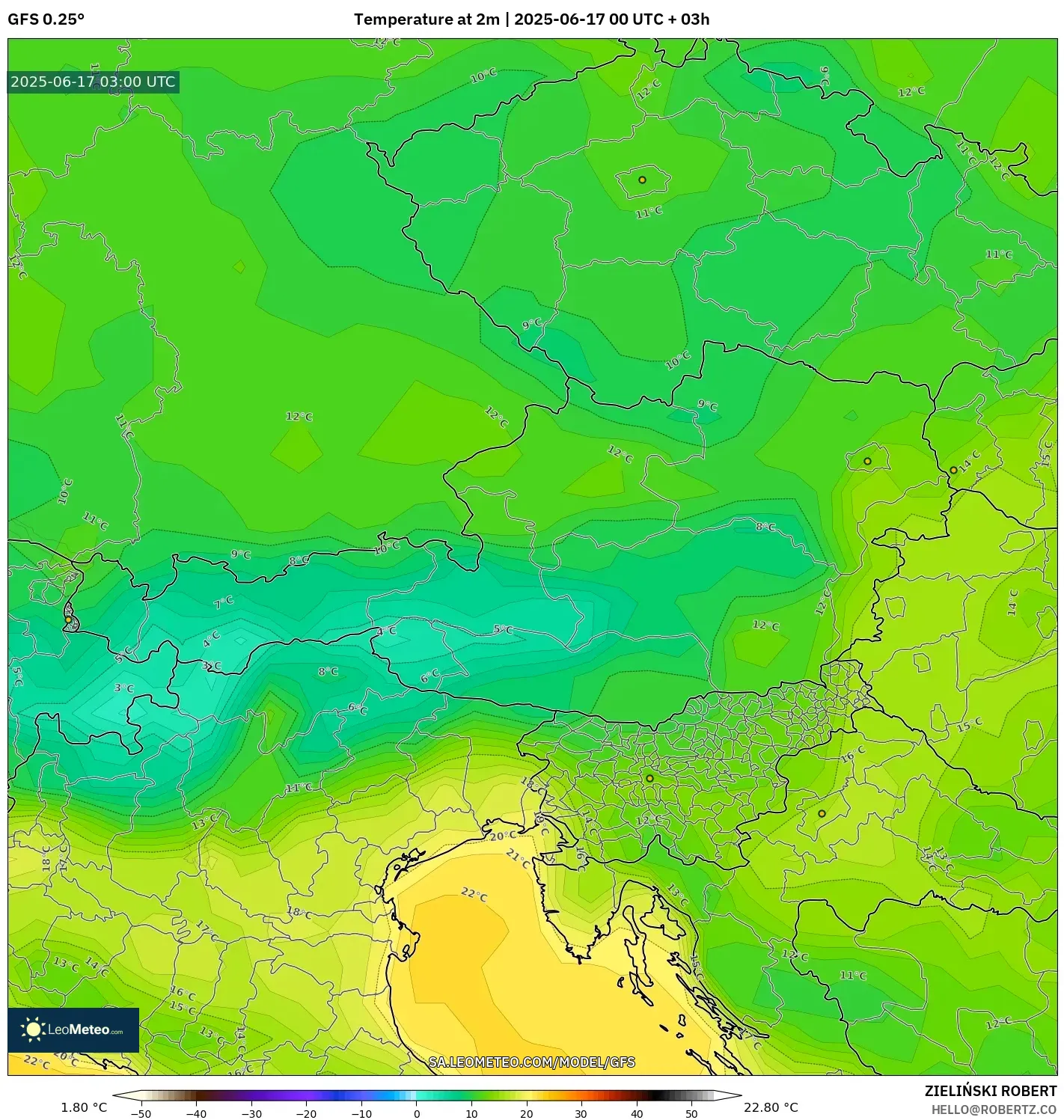 GFS model - Austria, Suhu pada 2 m GFS model - Austria, Suhu pada 2 m