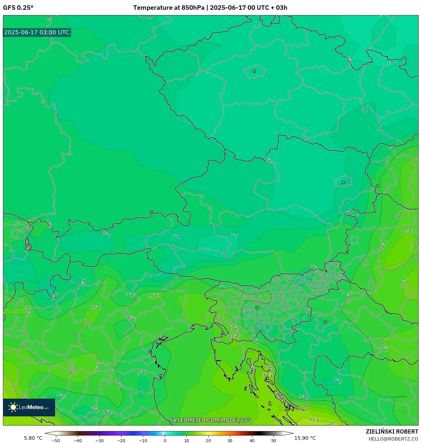 GFS model - Austria, Suhu 850 hPa GFS model - Austria, Suhu 850 hPa