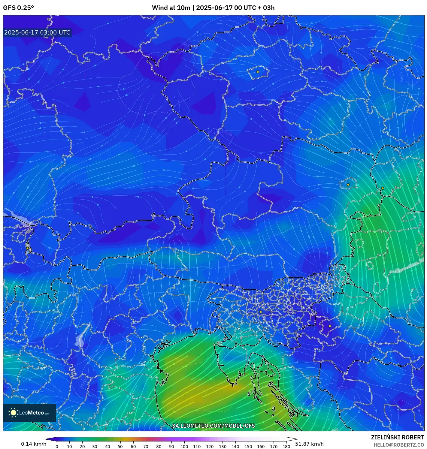 GFS model - Austria, Angin 10 m GFS model - Austria, Angin 10 m
