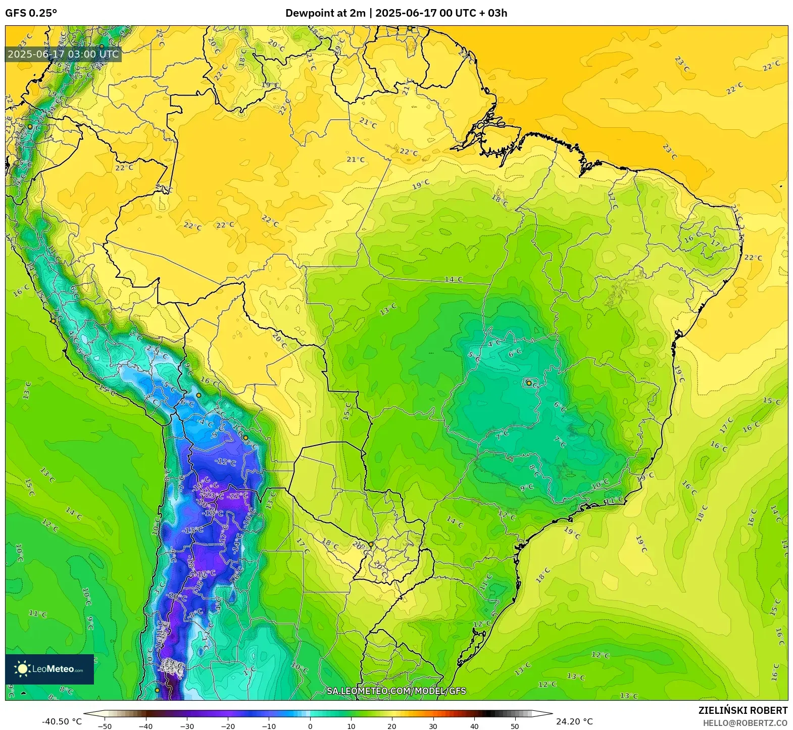 GFS model - Brazil, Takat Embun 2 m GFS model - Brazil, Takat Embun 2 m