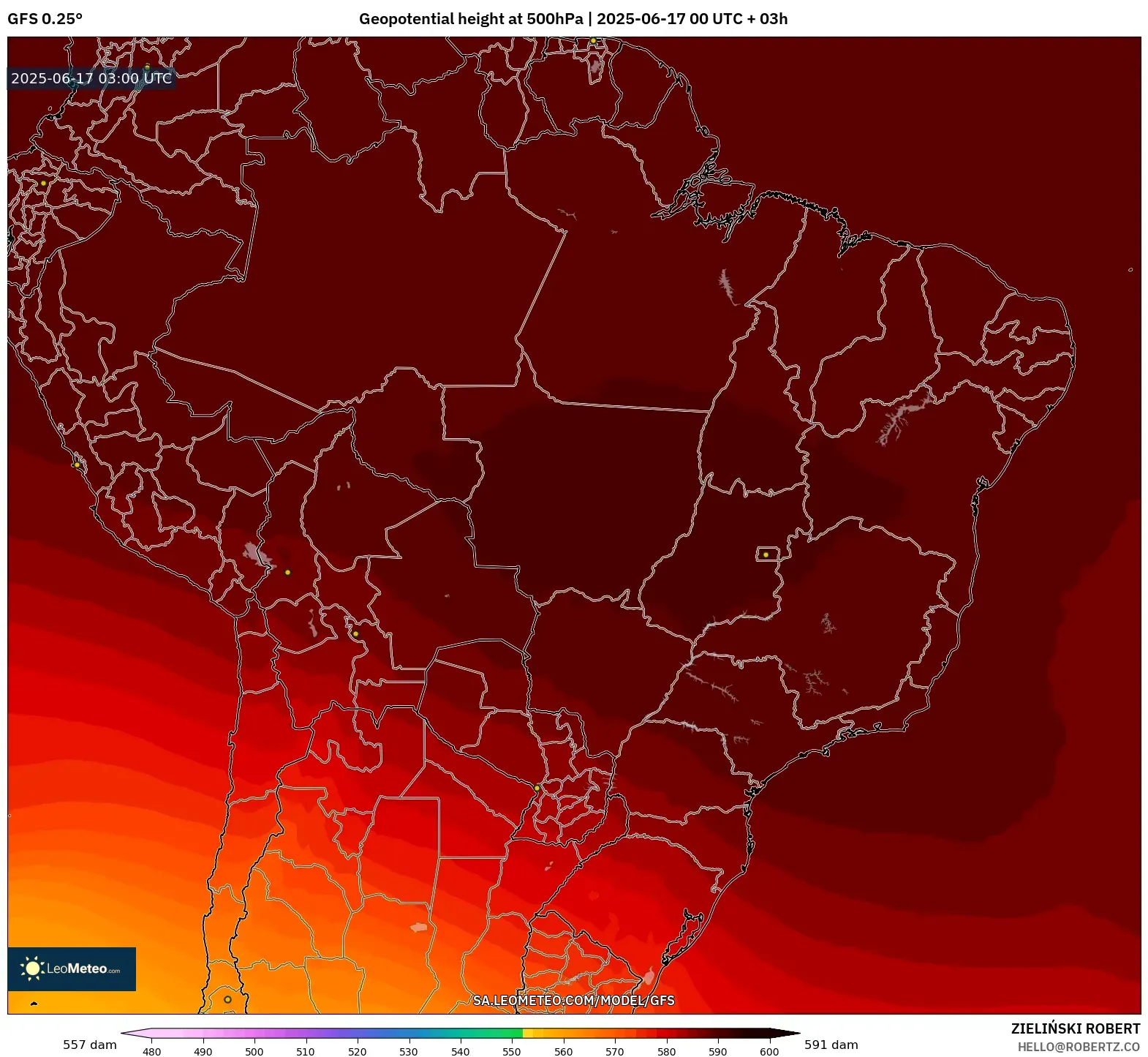 GFS model - Brazil, Ketinggian geopotensial pada 500 hPa GFS model - Brazil, Ketinggian geopotensial pada 500 hPa