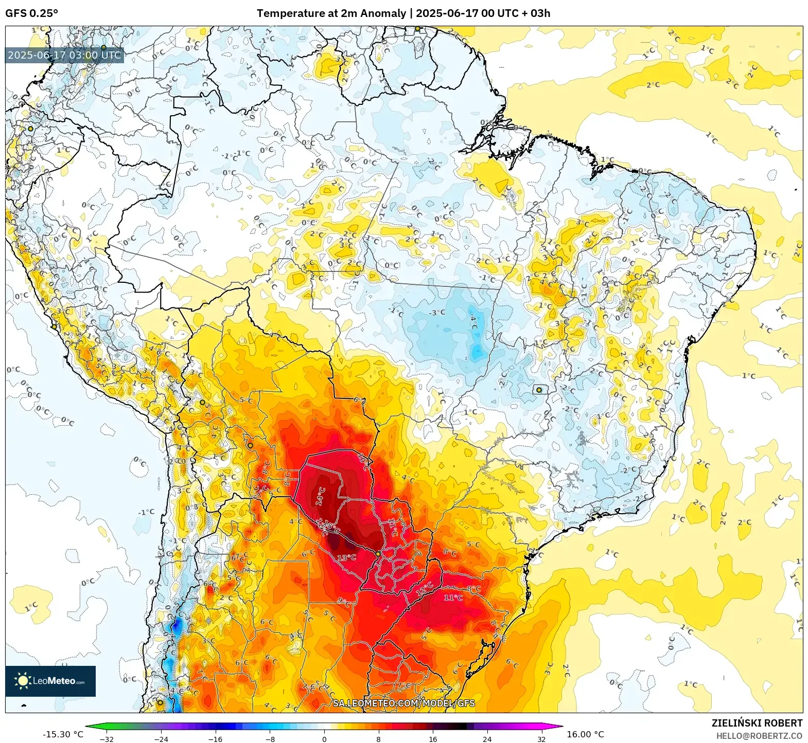GFS model - Brazil, Anomali Suhu 2 m GFS model - Brazil, Anomali Suhu 2 m