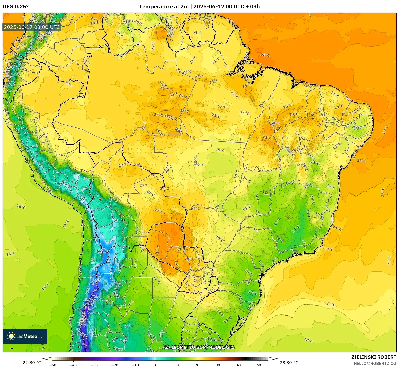 GFS model - Brazil, Suhu pada 2 m GFS model - Brazil, Suhu pada 2 m