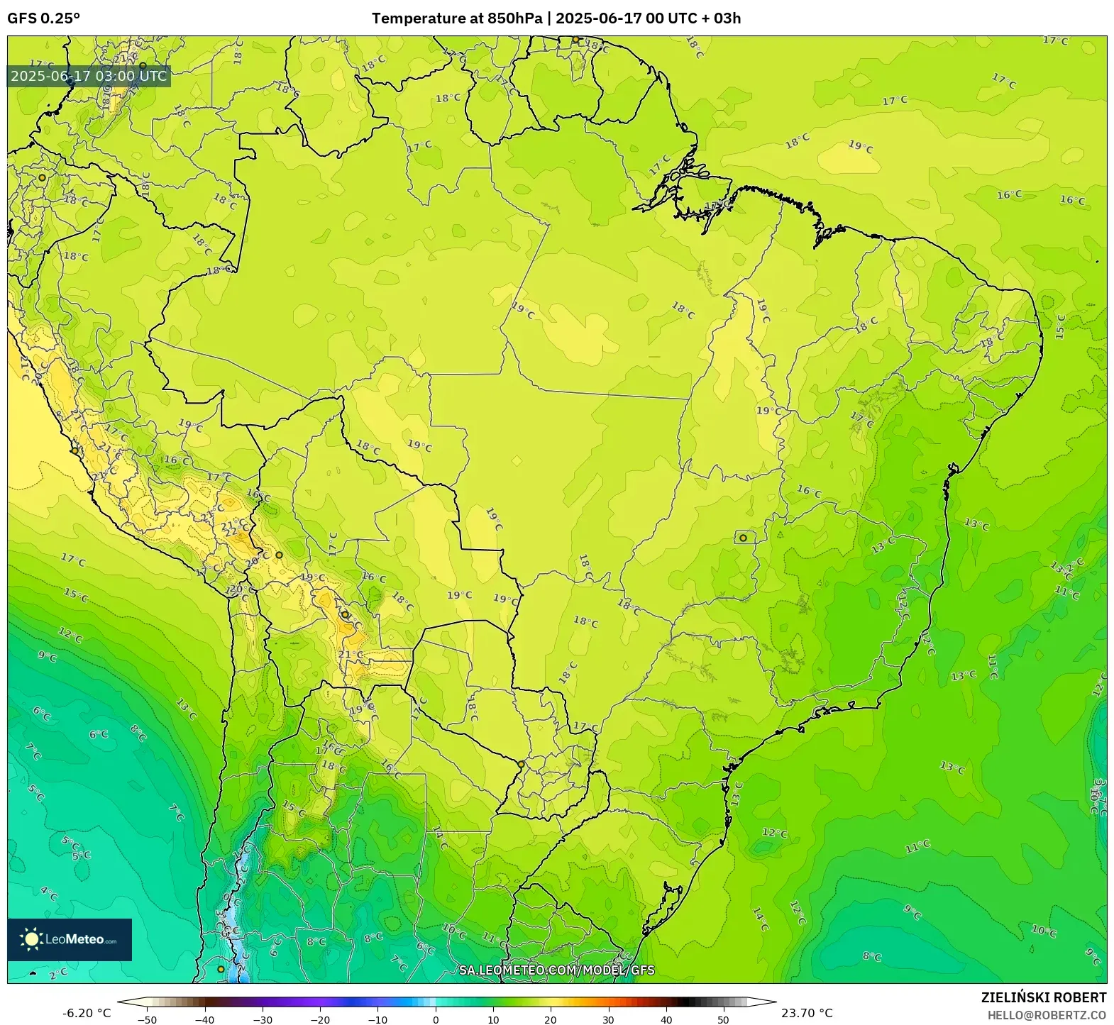 GFS model - Brazil, Suhu 850 hPa GFS model - Brazil, Suhu 850 hPa