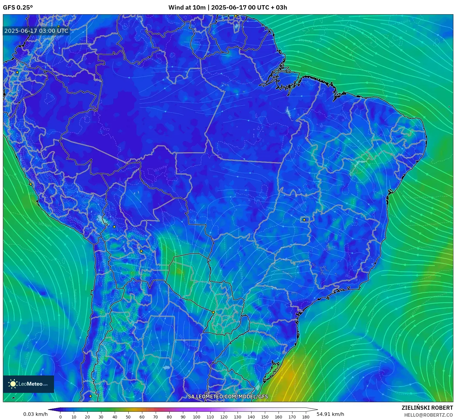 GFS model - Brazil, Angin 10 m GFS model - Brazil, Angin 10 m