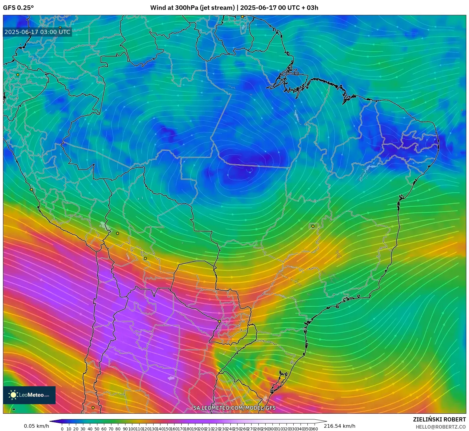 GFS model - Brazil, Angin 300 hPa (aliran jet) GFS model - Brazil, Angin 300 hPa (aliran jet)