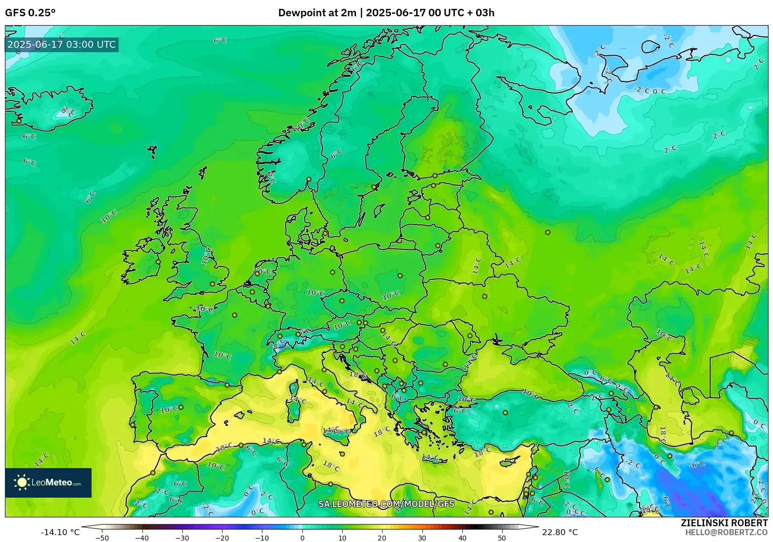 GFS model - Eropah, Takat Embun 2 m GFS model - Eropah, Takat Embun 2 m