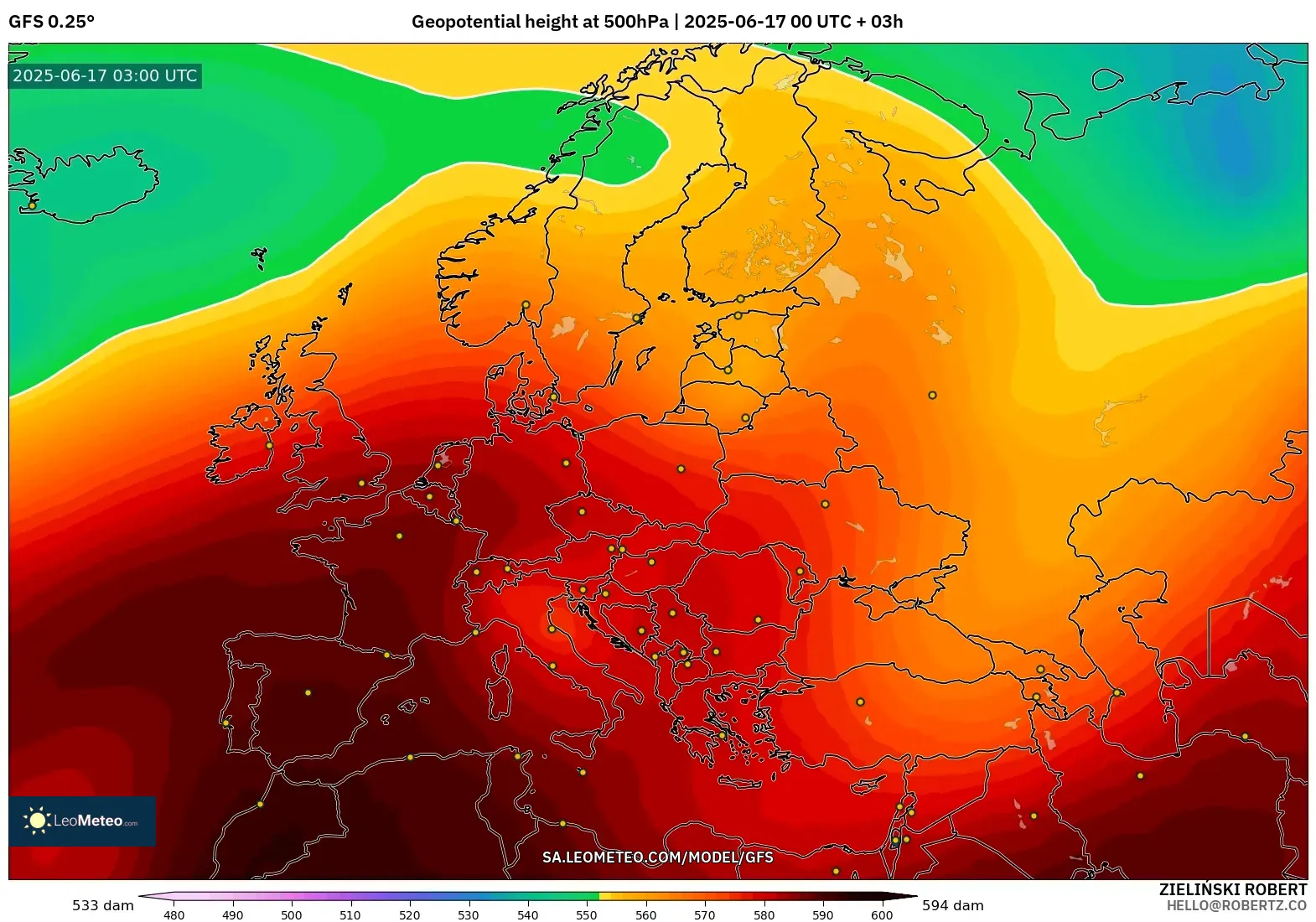 GFS model - Eropah, Ketinggian geopotensial pada 500 hPa GFS model - Eropah, Ketinggian geopotensial pada 500 hPa