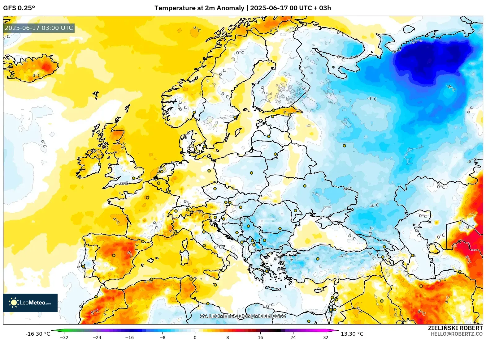 GFS model - Eropah, Anomali Suhu 2 m GFS model - Eropah, Anomali Suhu 2 m