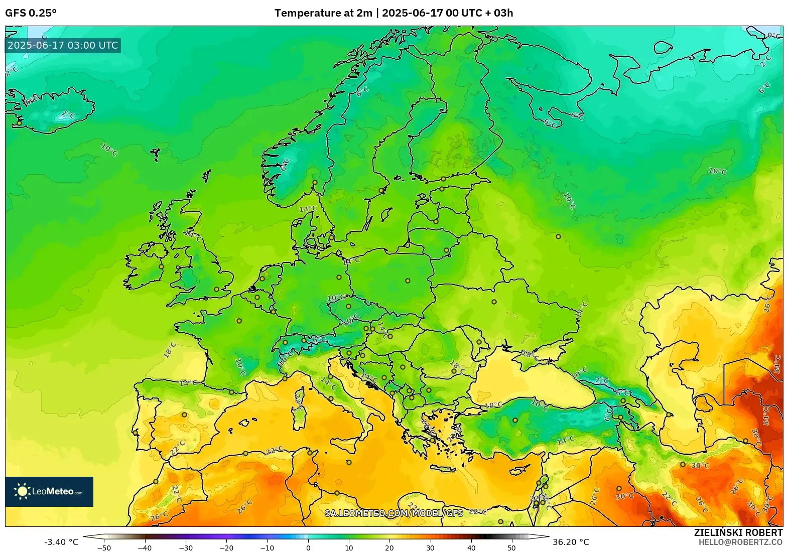 GFS model - Eropah, Suhu pada 2 m GFS model - Eropah, Suhu pada 2 m
