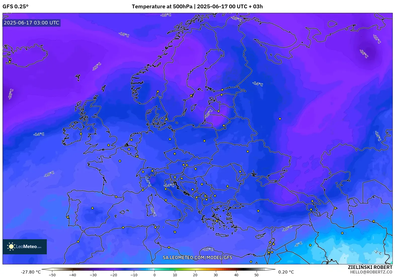GFS model - Eropah, Suhu 500 hPa GFS model - Eropah, Suhu 500 hPa
