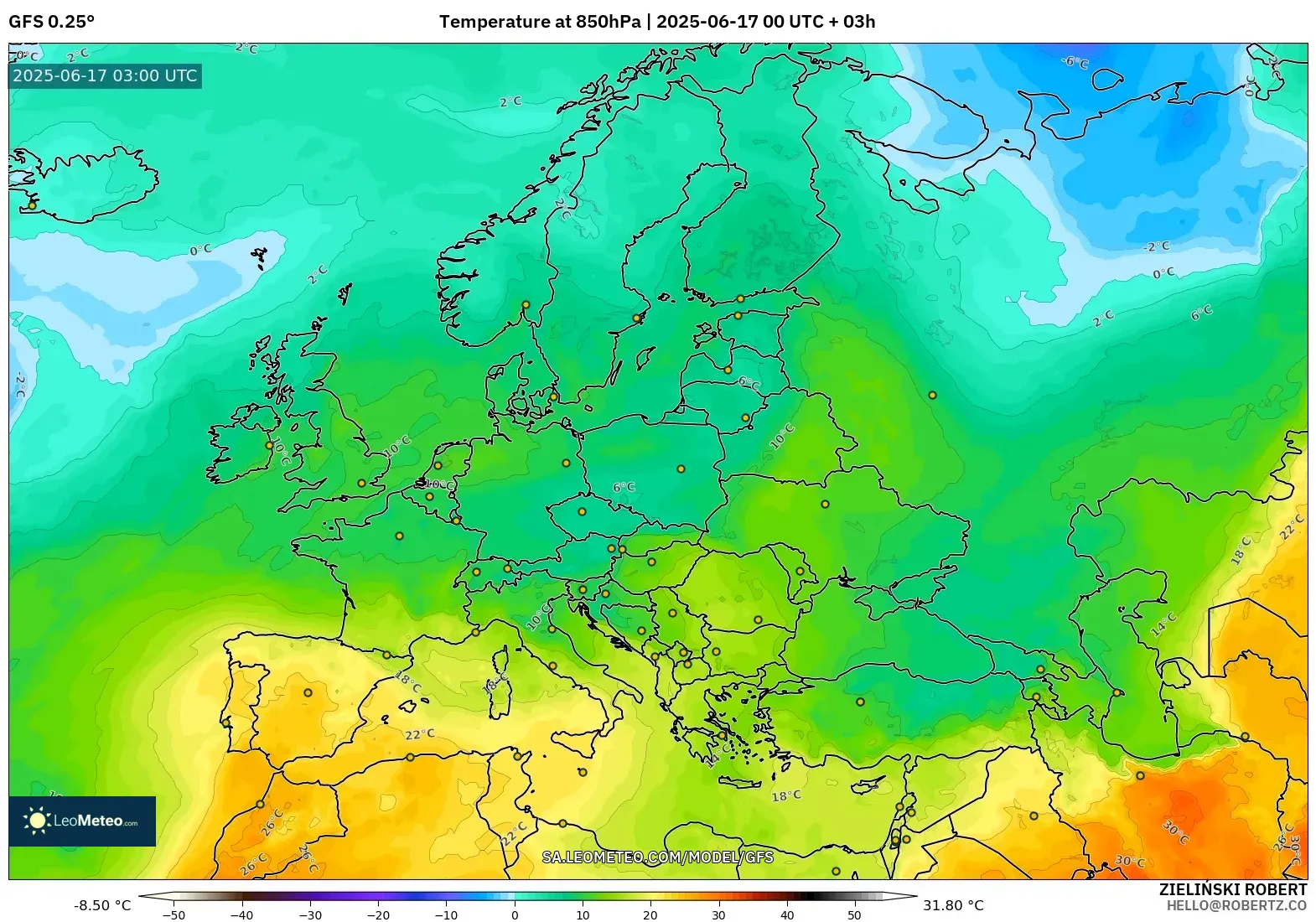 GFS model - Eropah, Suhu 850 hPa GFS model - Eropah, Suhu 850 hPa