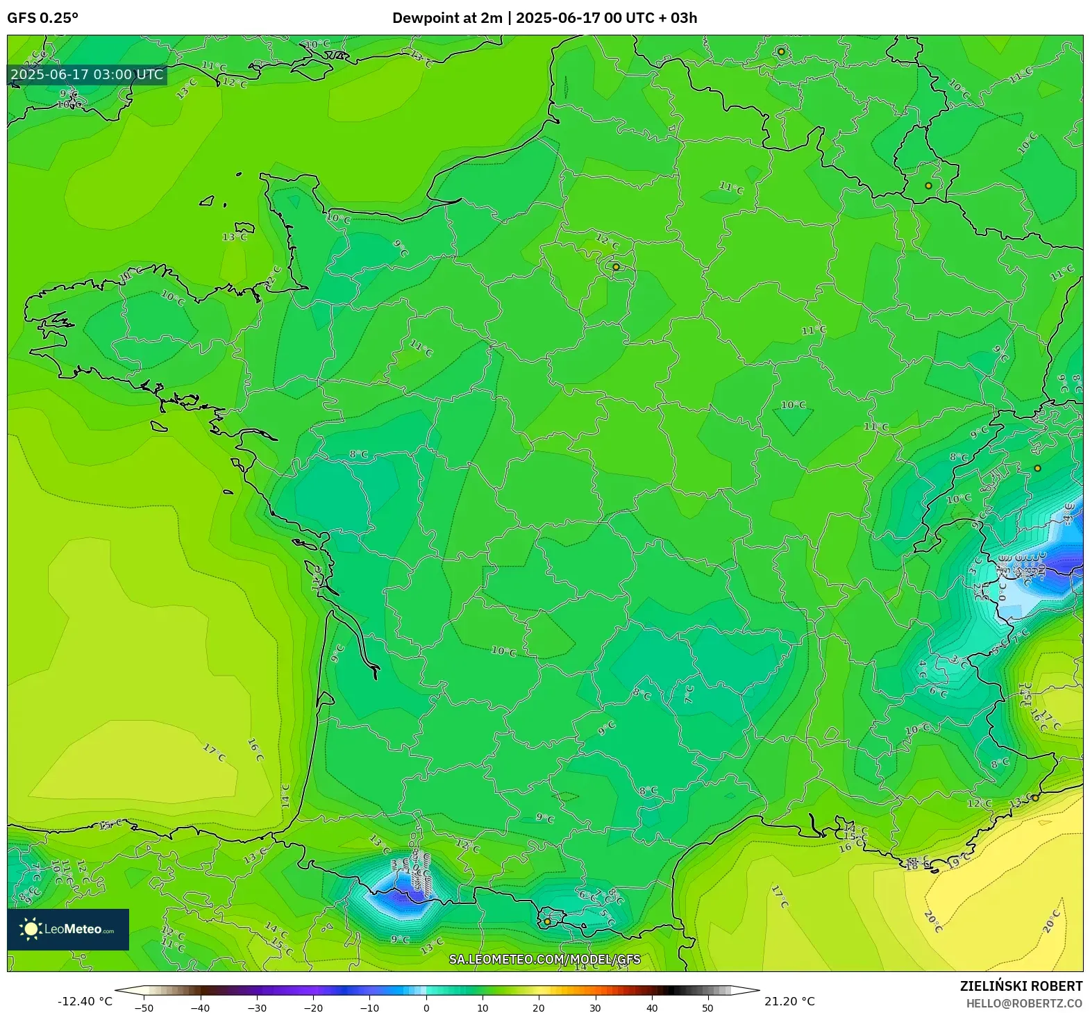 GFS model - Perancis, Takat Embun 2 m GFS model - Perancis, Takat Embun 2 m