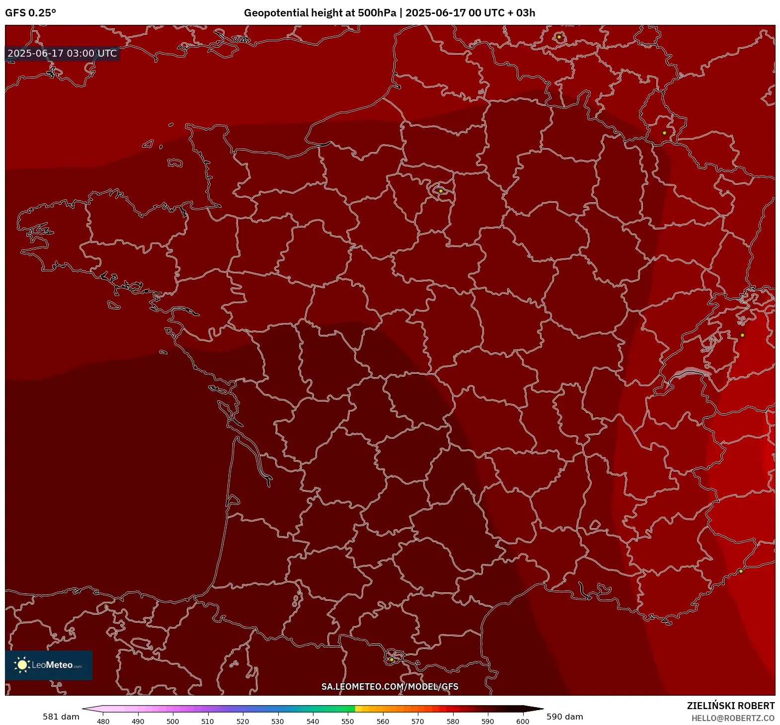 GFS model - Perancis, Ketinggian geopotensial pada 500 hPa GFS model - Perancis, Ketinggian geopotensial pada 500 hPa