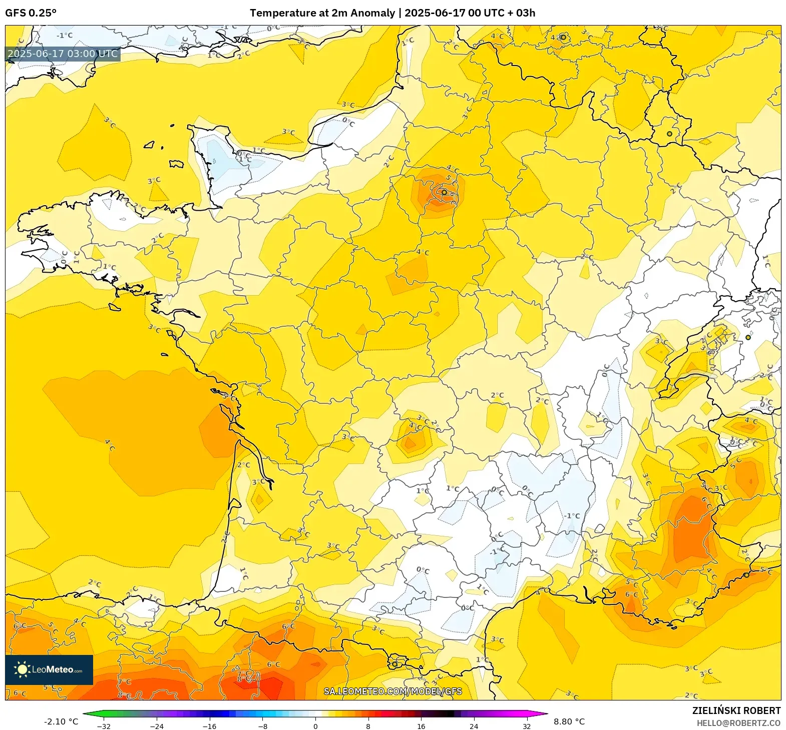 GFS model - Perancis, Anomali Suhu 2 m GFS model - Perancis, Anomali Suhu 2 m