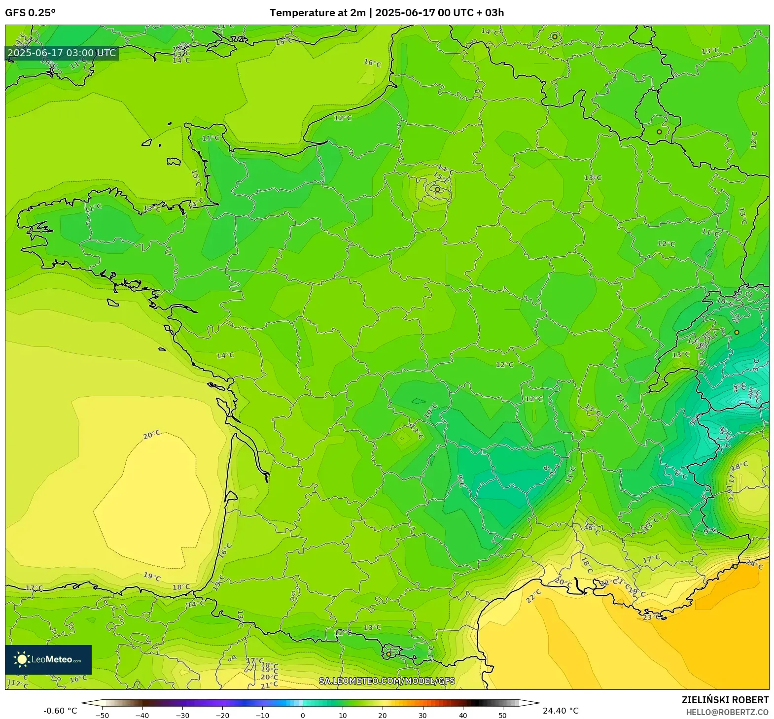 GFS model - Perancis, Suhu pada 2 m GFS model - Perancis, Suhu pada 2 m