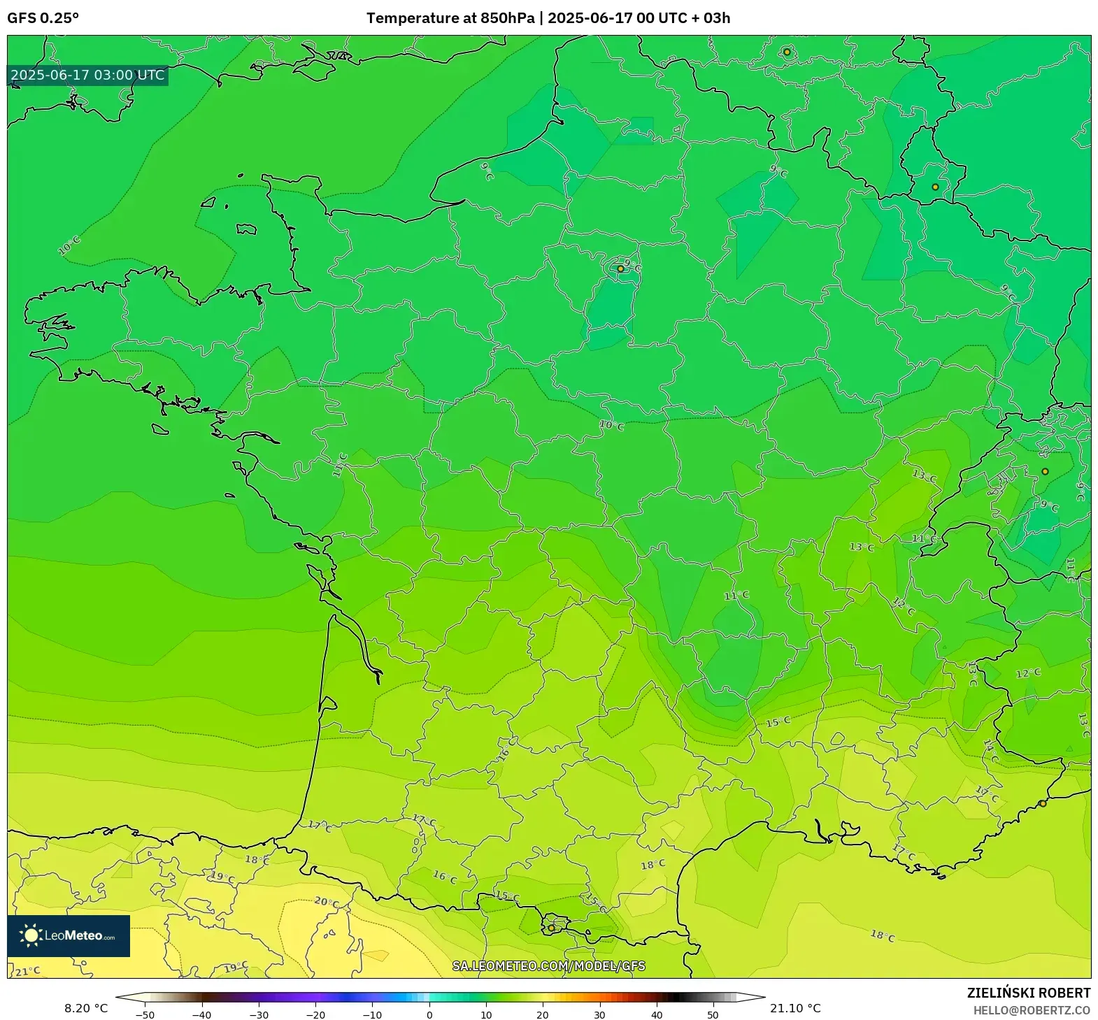 GFS model - Perancis, Suhu 850 hPa GFS model - Perancis, Suhu 850 hPa