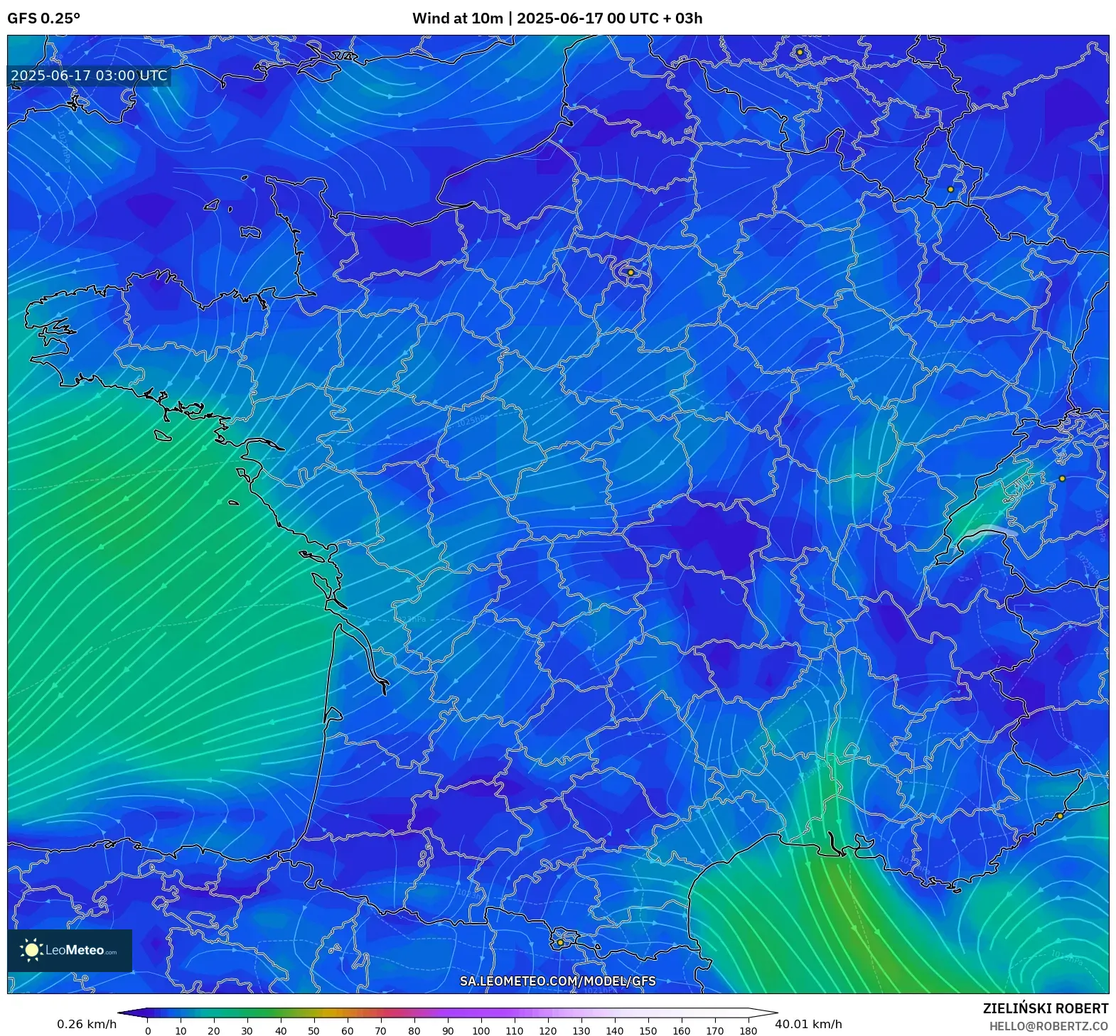 GFS model - Perancis, Angin 10 m GFS model - Perancis, Angin 10 m