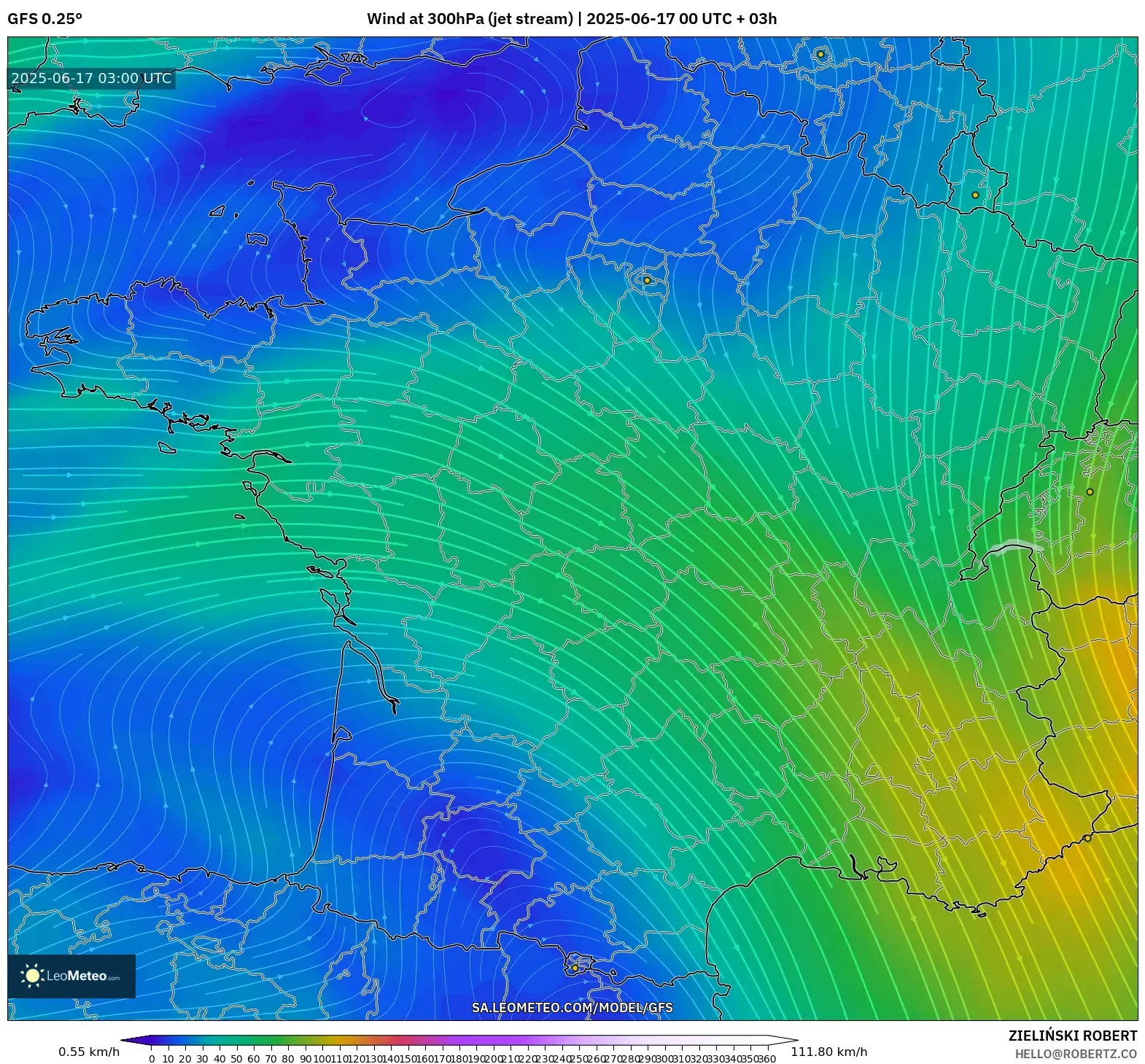 GFS model - Perancis, Angin 300 hPa (aliran jet) GFS model - Perancis, Angin 300 hPa (aliran jet)