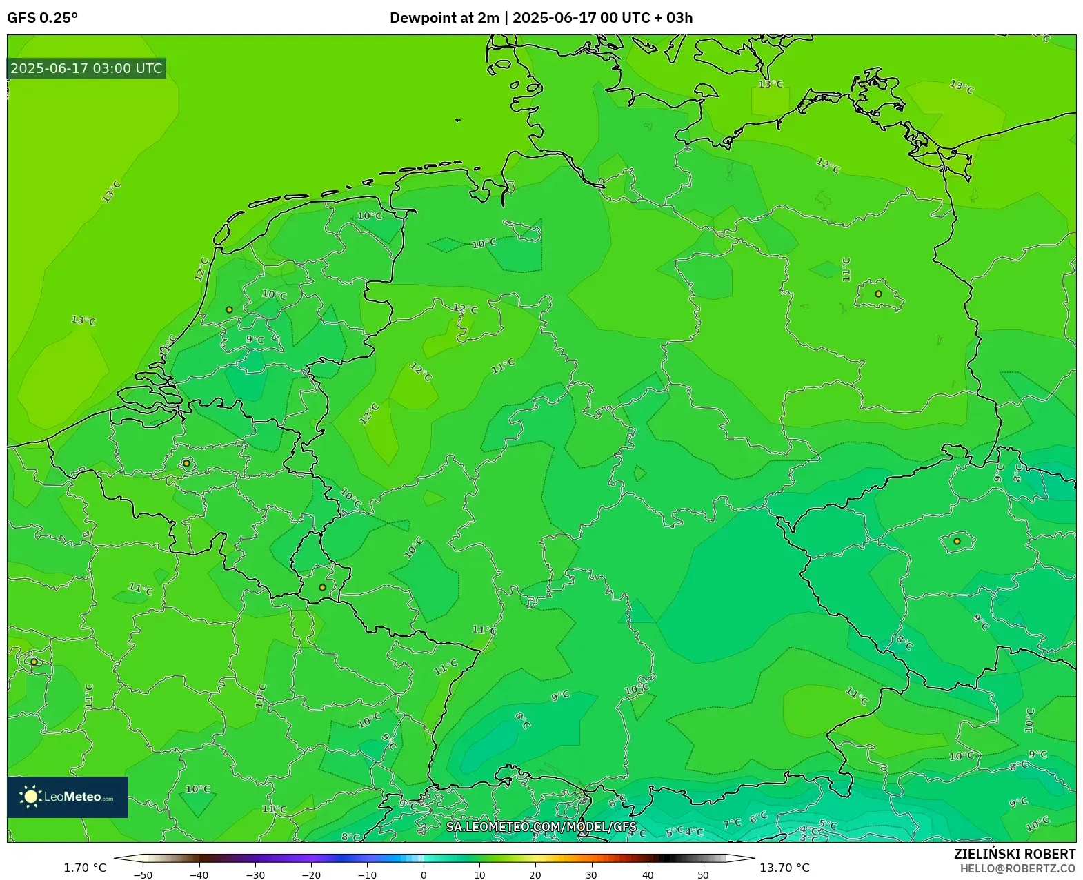 GFS model - Jerman, Takat Embun 2 m GFS model - Jerman, Takat Embun 2 m