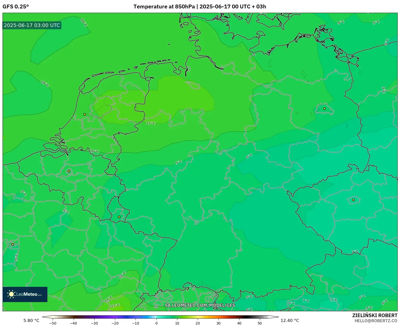 GFS model - Jerman, Suhu 850 hPa GFS model - Jerman, Suhu 850 hPa