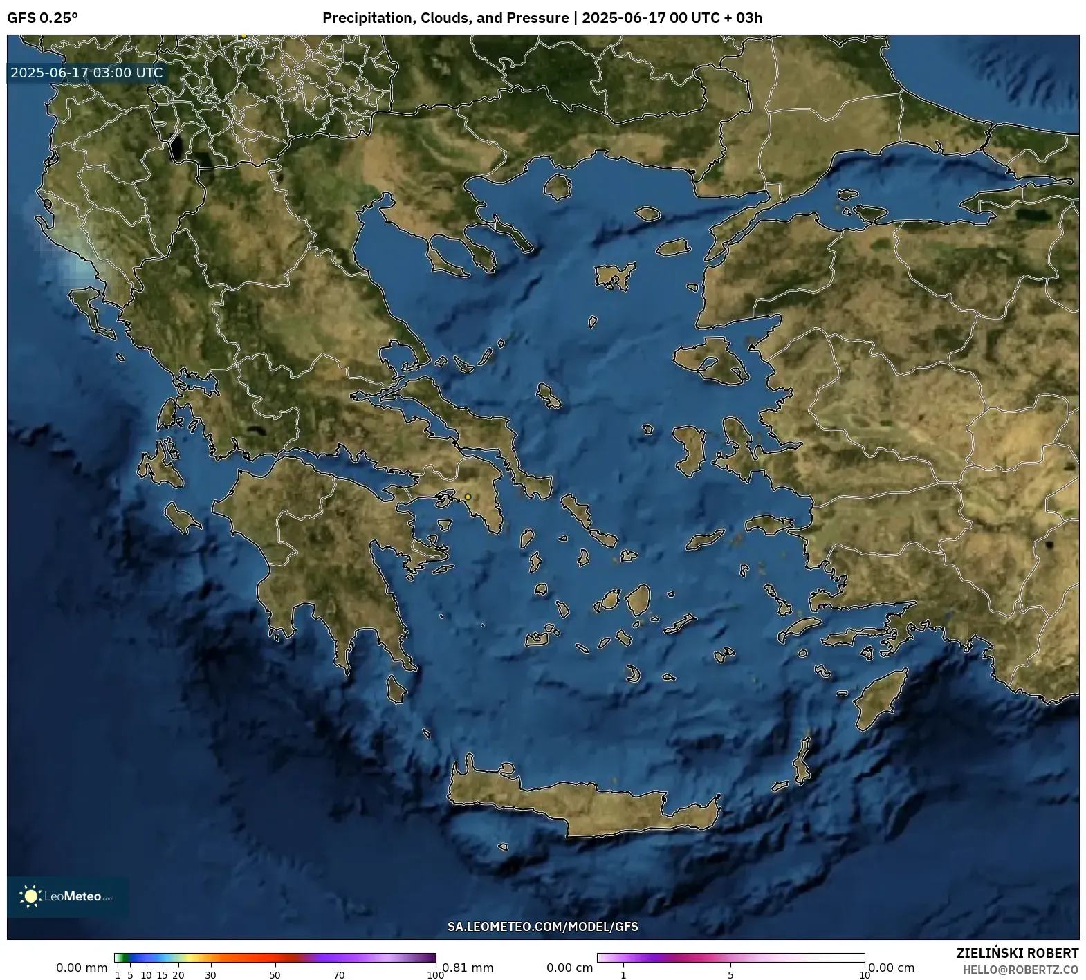 GFS model - Yunani, Hujan, Awan dan Tekanan